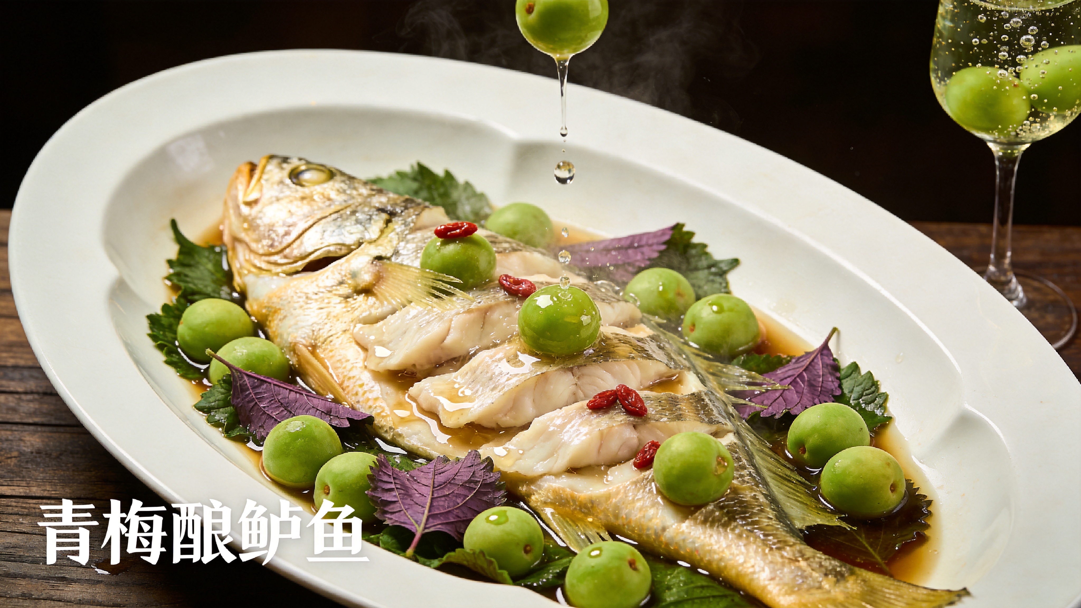 一张极具质感的美食特写，展示着初夏时令的‘青梅酿鲈鱼’。洁白的瓷盘中，一条清蒸鲈鱼肉质鲜嫩，上面铺满了翠绿的新鲜青梅和紫苏叶，热气腾腾中带着晶莹剔透的汤汁。鱼身上点缀着几颗红色的枸杞，色彩鲜艳欲滴。背景是虚化的深色木质餐桌，旁边放着一杯倒挂金钟的青梅气泡酒，气泡在杯中缓缓上升。微距拍摄视角，聚焦在青梅汁液滴落鱼肉的瞬间，捕捉食物最诱人的纹理和光泽，让人垂涎欲滴。

高端商业美食摄影风格。色调温暖而高级，采用暗调背景以突出主体的明亮，利用伦勃朗光勾勒食物轮廓。对焦极其锐利，强调食材的肌理细节（如鱼肉的纤维、青梅的表皮颗粒）。色彩还原真实但略微提升饱和度，营造出‘人间烟火气’的温馨氛围和高级餐厅的精致感，景深效果自然。