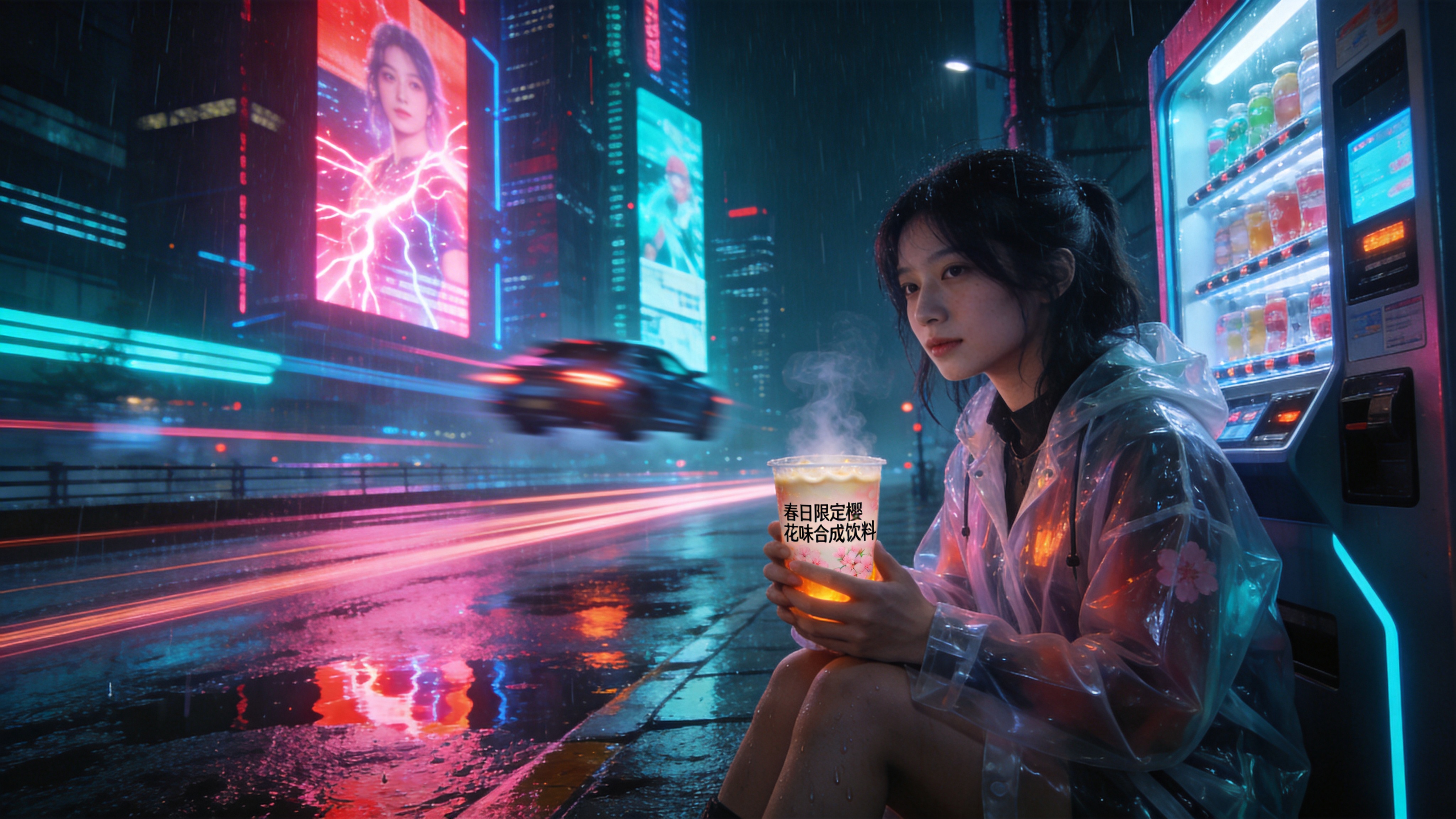 近未来的赛博朋克都市雨夜，巨大的全息投影广告在摩天大楼间闪烁，投射出霓虹粉色和电光蓝色的光芒。街道积水反射着绚烂的倒影，一位身着透明机能风雨衣的年轻女性正坐在路边的高科技自动售货机旁，手中捧着一杯热气腾腾的春日限定樱花味合成饮料。背景中飞驰而过的悬浮汽车拉出长长的光轨，湿润的路面和金属质感形成鲜明对比，科技感与烟火气并存。

高精度概念艺术与赛博朋克摄影风格。强调高对比度和冷色调（青色、洋红、深蓝）的碰撞，配合局部的暖色点缀（饮料的热气、广告灯）。材质上强调金属、玻璃、霓虹灯管的反光与湿润感。光影具有电影级的戏剧性，雨夜氛围浓郁，细节极其丰富锐利。