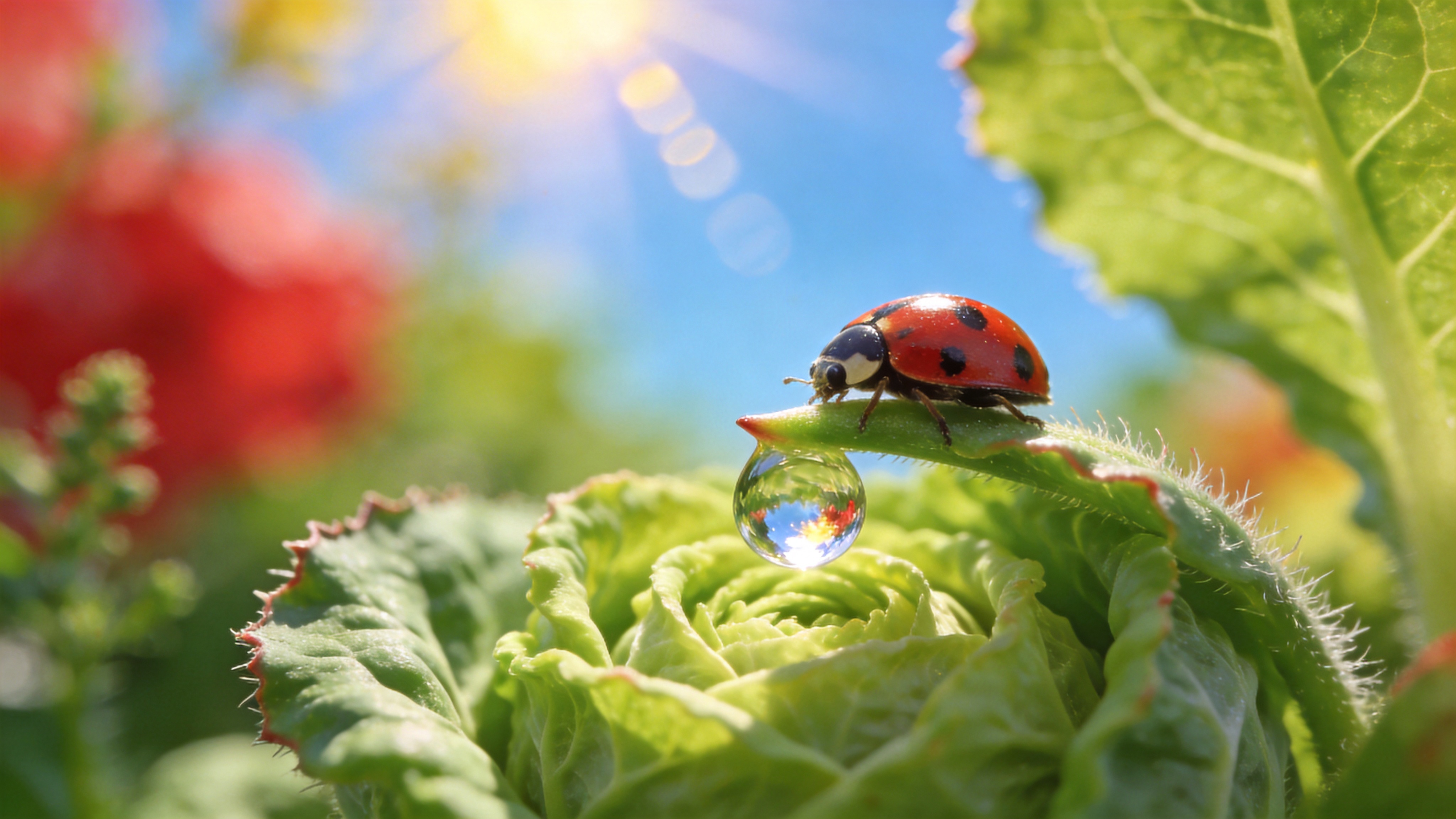 春分时节的微观世界特写，画面中心是一只刚刚苏醒的七星瓢虫，正小心翼翼地爬过一片嫩绿的卷心菜叶尖端。叶片上挂着一颗晶莹剔透的露珠，露珠内部完美倒映着上方蔚蓝的天空和几缕金色的阳光。周围的植物纹理清晰可见，甚至能看到叶片边缘细微的锯齿状结构和植物绒毛，整个场景充满了生命的律动和新生的喜悦。

超写实微距摄影风格，极致的细节刻画，仿佛能触摸到物体的纹理。光线采用明亮的自然光，色彩鲜艳明快，以翠绿、鲜红和透明的水色为主，营造清新、通透、生机勃勃的视觉效果。景深极浅，焦点清晰，背景虚化为柔和的色块。