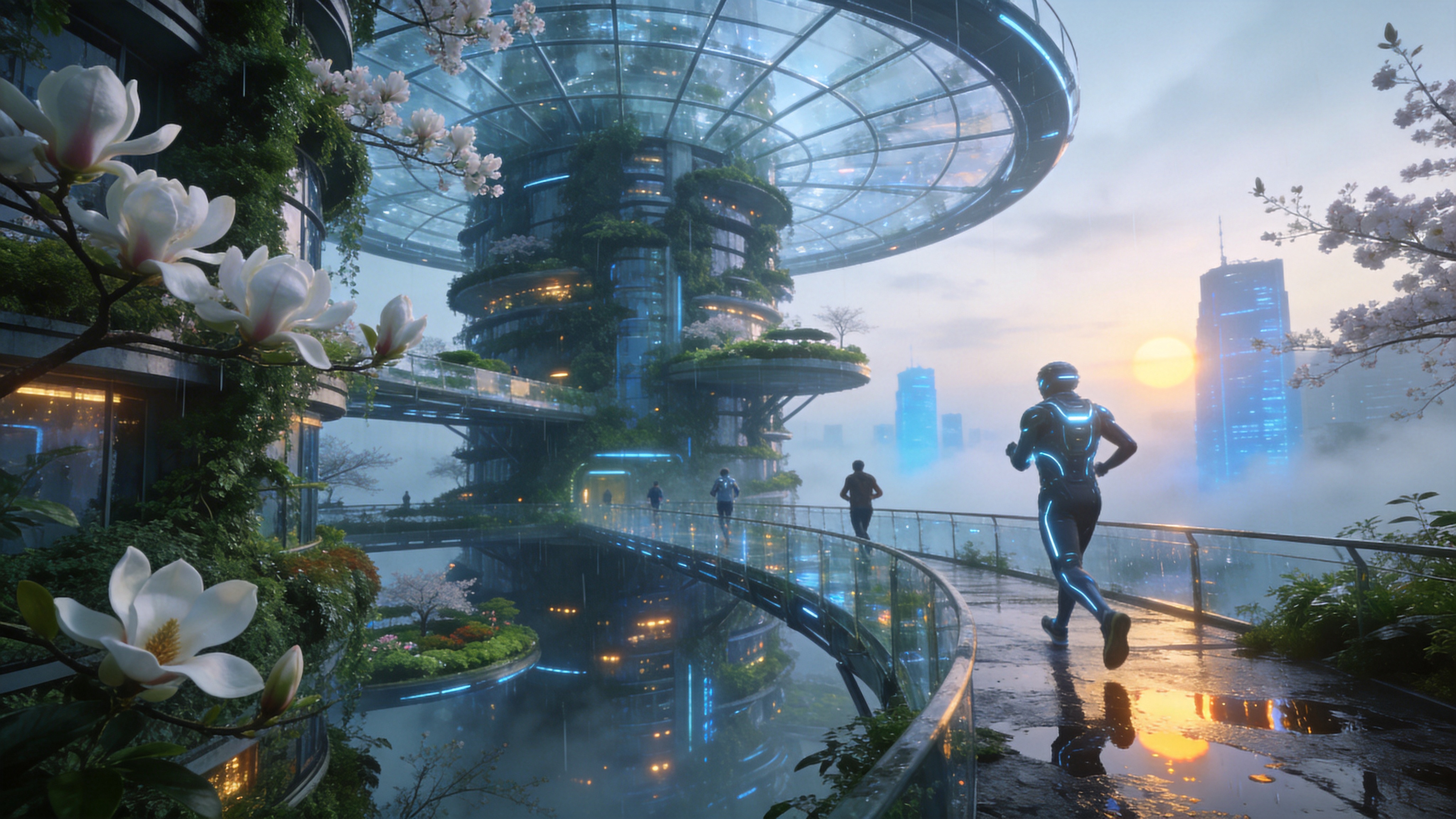 一座融合了自然生态与未来科技的垂直森林建筑，矗立在3月的湿润晨雾中。建筑外墙覆盖着茂盛的绿色植被和盛开的白色玉兰，巨大的透明穹顶下是错落有致的空中花园。一群穿着发光机能服的居民正在悬空的透明栈道上晨跑，远处是若隐若现的摩天大楼轮廓，被淡蓝色的雾气缭绕。地面上积着昨晚春雨后的水洼，倒映着建筑璀璨的灯光和初升的太阳。

赛博朋克与生态建筑概念艺术，虚幻引擎5渲染，体积光，冷色调与暖光对比。材质强调玻璃的通透感、金属的冷硬光泽和植物的有机质感。画面具有电影级的景深效果，科技感与生命力并存，视觉冲击力强。
