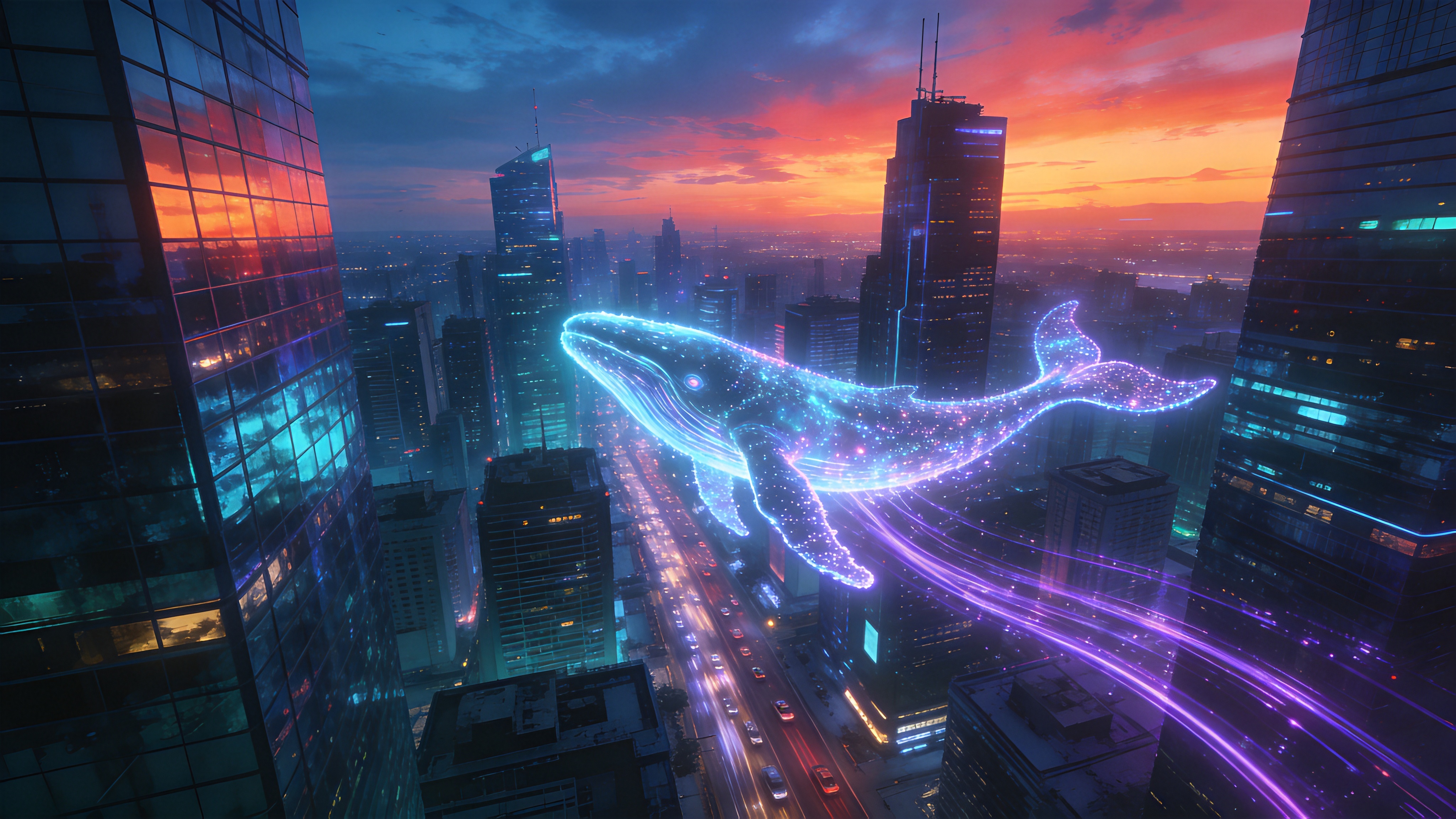 春末夏初的黄昏，在一座未来主义城市的摩天大楼顶端，俯瞰整个都市。天空呈现出深邃的靛蓝色与燃烧般的橘红色渐变，那是太阳刚刚落山后的魔幻时刻。巨大的全息投影鲸鱼在楼宇之间游弋，它的身体由流动的霓虹光粒子组成，尾巴扫过时留下一道道绚丽的紫色光轨。街道上车流如织，汇聚成流动的光河，高耸的玻璃幕墙反射着城市的灯火，空气中似乎能听到电子合成音与风的呼啸声交织。

赛博朋克概念艺术风格，宽画幅电影感。色彩以高饱和度的霓虹色为主，强调青色与洋红色的经典撞色。光影对比强烈，明暗交界线清晰，强调体积光和辉光效果。笔触细腻且具有数字绘画的锐利感，建筑细节繁复精密，整体氛围宏大、冷峻且充满未来科技的美学张力。
