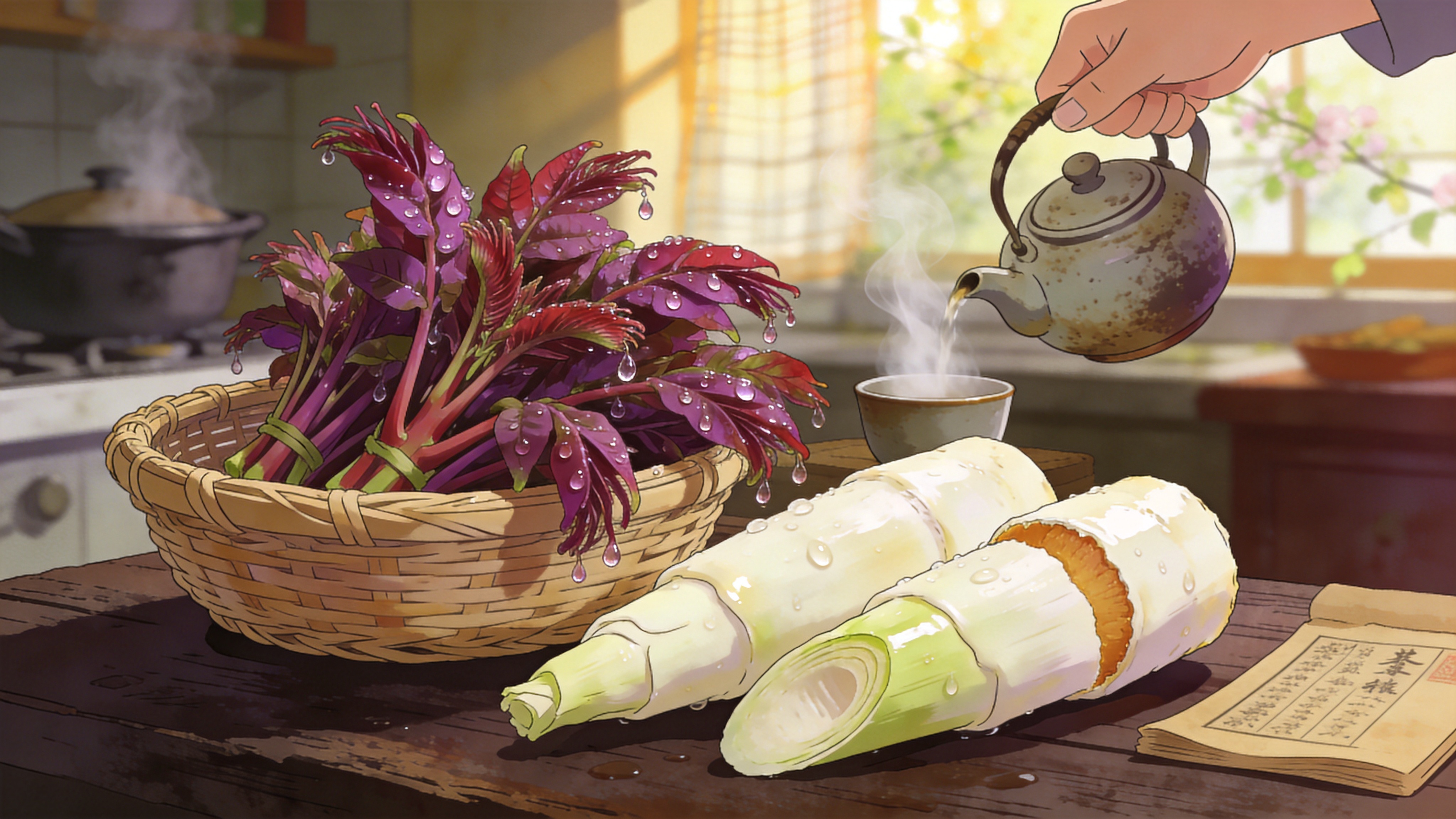 特写镜头下，一篮刚采摘的时令春菜——香椿和春笋，摆放在粗糙的深色木桌上。香椿的嫩叶呈现出鲜艳的紫红色，叶片上还挂着晶莹的水珠，仿佛刚从晨露中取出；春笋剥去了层层外衣，露出象牙白色的笋肉，切口处散发着诱人的光泽。背景是虚化的厨房环境，隐约可见冒着热气的砂锅和透过窗纱洒进来的春日阳光。一只手正拿着一把古朴的陶瓷茶壶，准备倒茶，茶杯中升腾起袅袅白烟，充满了人间烟火气和春天的味觉记忆。

美食摄影风格，微距镜头，景深效果极佳。采用自然光照明，强调食物的质感和新鲜度，色彩还原真实且浓郁。色调偏向暖黄和大地色系，营造温馨、治愈的家庭氛围。高细节保留，从水珠的折射到食材的纹理都清晰可见，具有米其林餐厅菜单插画的精致感。