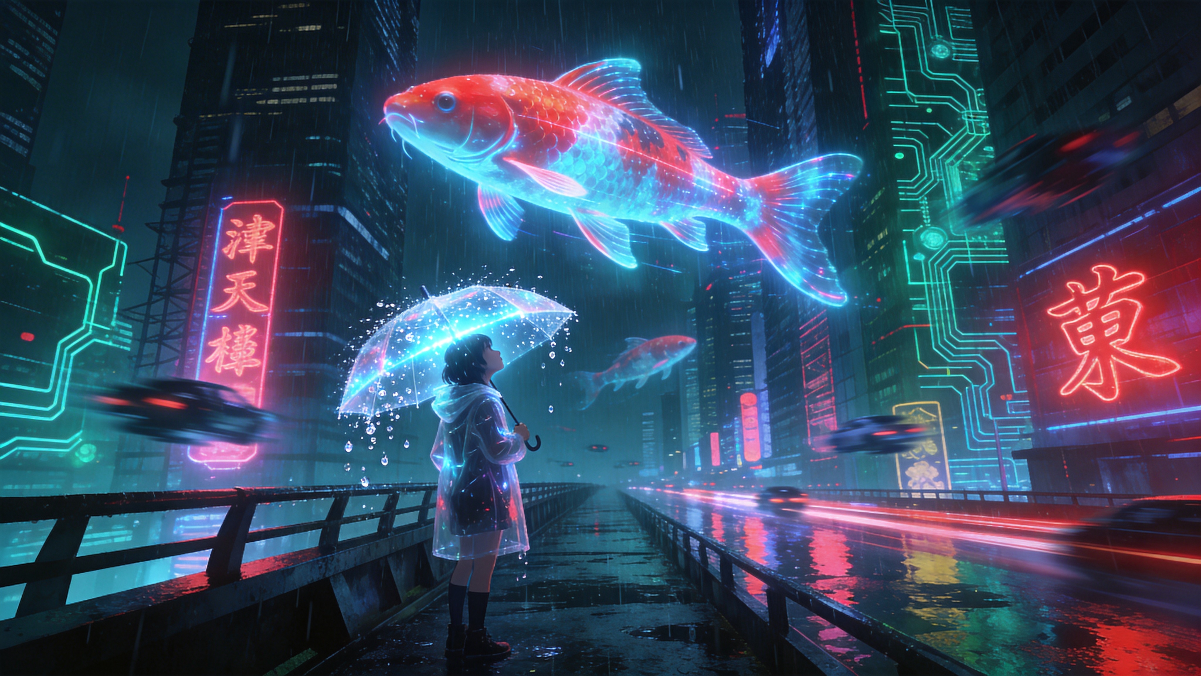 一个充满未来感的赛博朋克都市雨夜，时间是2026年3月9日的深夜。巨大的全息投影锦鲤在空中游弋，发出霓虹般的红蓝光芒，穿梭于高耸入云的摩天大楼之间。街道积水中倒映着五光十色的汉字招牌和复杂的电路纹路。一个身穿透明雨衣的少女撑着一把发光的透明雨伞站在天桥上，仰望空中的锦鲤，雨水在伞面上溅起晶莹的水花，周围是飞驰而过的悬浮汽车留下的光轨。

赛博朋克概念艺术，强调强烈的冷暖对比色，以青色、洋红和电光蓝为主色调。体积光渲染，雨夜氛围浓厚，具有电影级的戏剧性光影。细节极度丰富，强调金属质感、霓虹光晕和湿润表面的反光，整体视觉冲击力强，充满科技与神秘感。