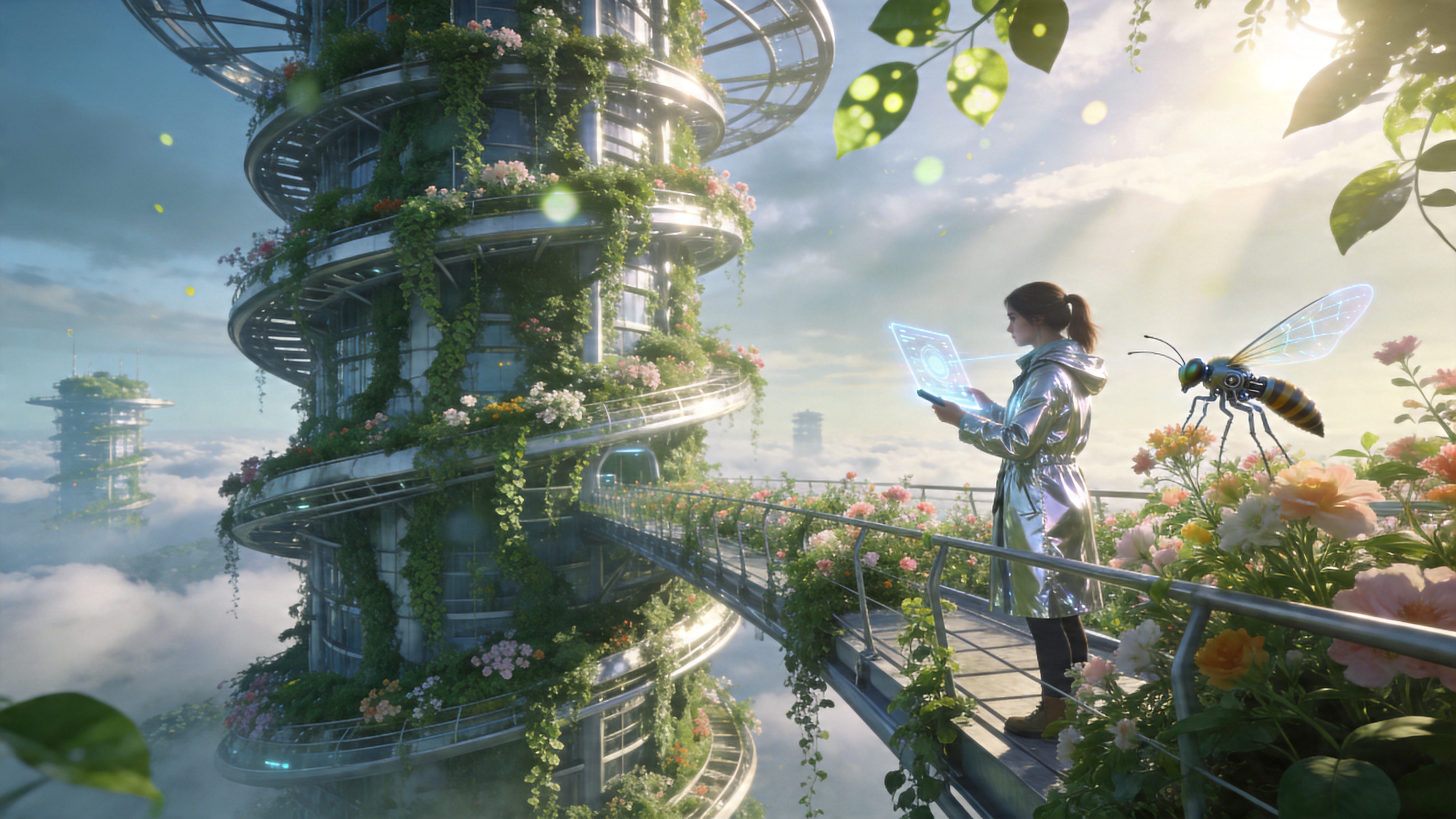 未来的2026年4月，一个垂直森林城市的清晨。画面展示了一座巨大的螺旋状摩天大楼，外墙完全被茂密的春季植被覆盖，绿色的藤蔓和盛开的鲜花在金属结构间顽强生长。一名身穿轻薄反光材质风衣的年轻女性正站在空中回廊上，手中拿着全息投影设备，正在观察一只机械仿生蜂鸟在花丛中采集数据。阳光透过稀薄的云层洒下，在玻璃和叶片上形成斑驳的光斑，远处是朦胧的云海和若隐若现的其他生态建筑，展现了科技与自然完美共生的乌托邦景象。

3D概念艺术风格，受Solaria启发的高保真渲染。具有超写实的细节和精致的纹理，特别是植物的有机质感与金属的冷峻光泽的对比。色彩清新明亮，以生机勃勃的嫩绿、天蓝和金属银为主色调。光影采用清晨的丁达尔效应，体积光感强烈，整体画面干净、通透，充满未来主义的希望感。
