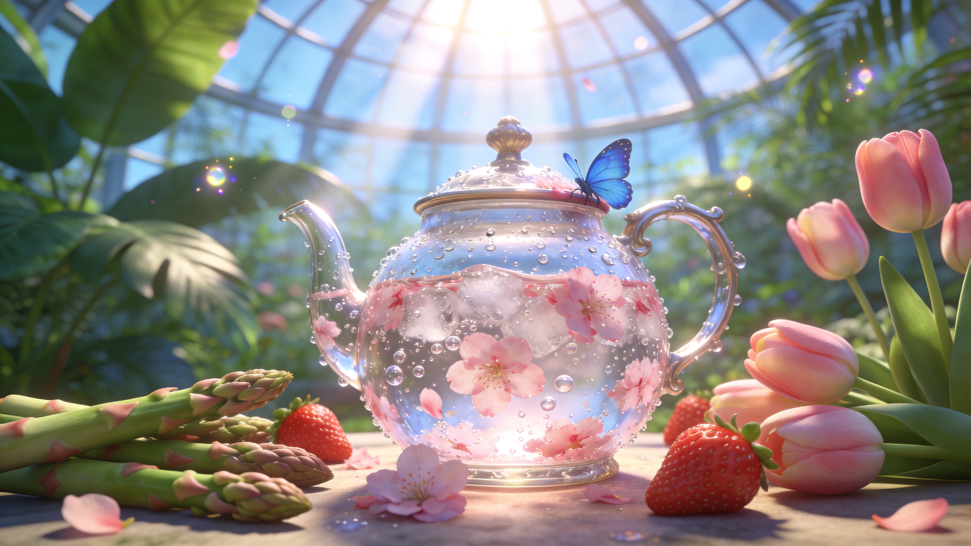 春日午后的温室花园，阳光透过巨大的玻璃穹顶洒下，形成神圣的光束。画面主体是一个透明的复古玻璃茶壶，壶中装满了冰镇的樱花气泡水，粉色的樱花花瓣悬浮在气泡中，壶身凝结着晶莹的水珠。茶壶周围摆放着新鲜的春笋、草莓和几朵盛开的郁金香作为装饰。背景是虚化的郁郁葱葱的热带植物叶片，光斑在叶子上跳跃。一只蓝色的蝴蝶正停在茶壶边缘，似乎被花香吸引，画面充满了春日的清新与甜蜜。

C4D 3D渲染风格，高精度的材质表现。强调玻璃的折射与反射、水珠的通透感以及花瓣的丝绒质感。色彩明亮高饱和，以粉色、淡蓝、嫩绿为主色调。采用商业摄影的布光方式，逆光勾勒轮廓，配合全局光照（GI）使画面通透干净。整体风格清新、治愈，具有极强的食欲和现代设计感。