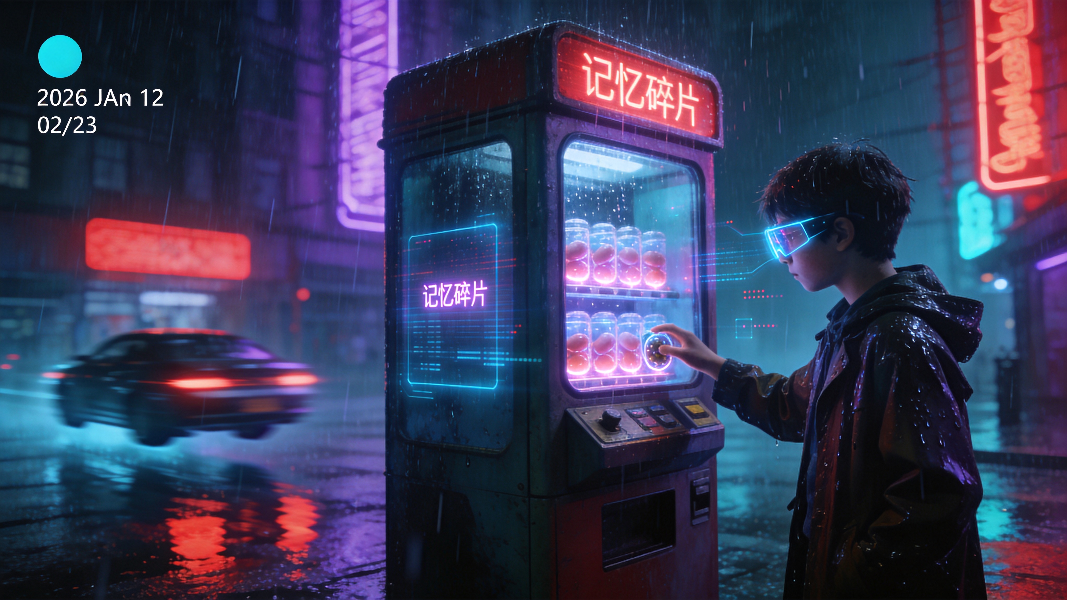 2026年5月12日的未来都市街头，一场突如其来的电子阵雨正在降临。街道两旁的霓虹灯招牌在雨水中反射出迷离的紫红色和青蓝色光芒。画面中心是一台复古风格的自动售货机，售货机的玻璃窗里摆放的不是饮料，而是封装在发光胶囊里的‘记忆碎片’。一个戴着全息眼镜的少年正伸手去取，雨水打湿了他的风衣，地面积水中倒映着飞驰而过的悬浮汽车流。

赛博朋克概念艺术风格，强调高对比度和强烈的冷暖色调冲突。光影采用体积光和辉光效果，营造出湿润、反光的质感。画面具有电影级的景深效果，细节极度丰富，从雨滴的飞溅轨迹到全息投影的噪点都清晰可见，整体氛围冷峻、神秘且充满科技感。