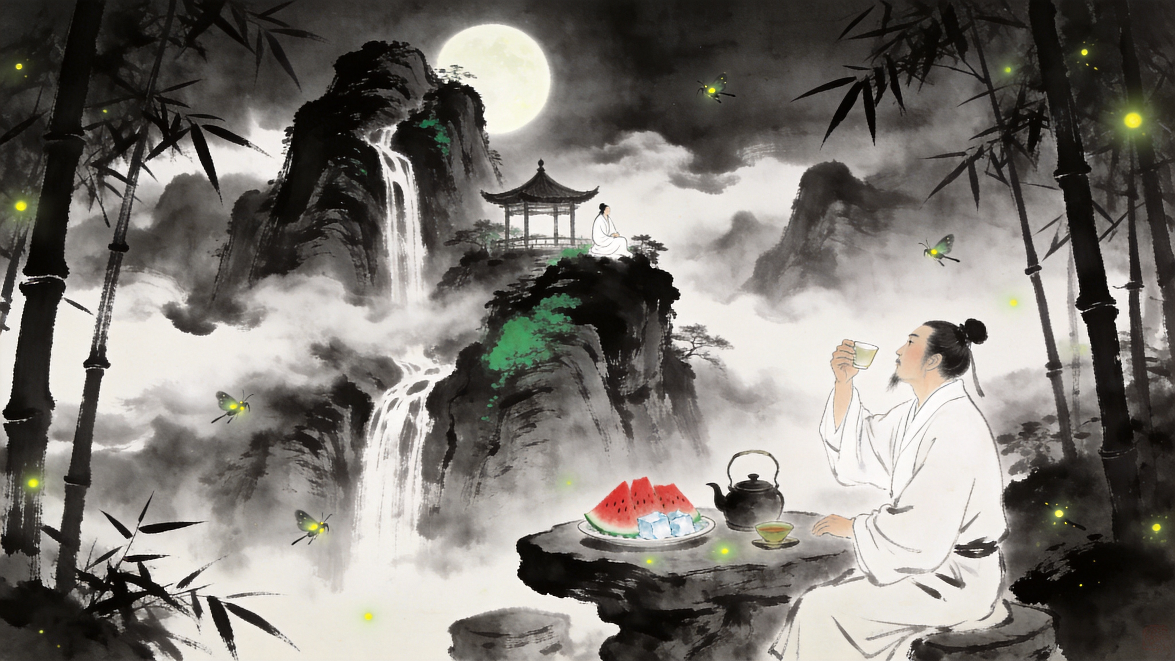 一幅结合了夏日元素的东方水墨意境画。画面主体是一座被云雾缭绕的险峻山峰，山间瀑布飞流直下，激起层层水雾。在山腰的凉亭中，一位身着白衣的古人正举杯对月，身旁石桌上摆放着一盘冰镇过的西瓜和一壶清茶，几只萤火虫在幽暗的竹林间飞舞。这不仅是一次穿越时空的对话，更是古人消夏与今人想象的融合，意境空灵悠远。

新中式水墨风格，结合工笔与写意。黑白墨色为主，但在西瓜红、萤火虫绿和茶叶的嫩绿处使用矿物颜料进行局部点缀。笔触苍劲有力，晕染自然，留白处理得当。光影柔和朦胧，强调气韵生动和画面的诗意感，仿佛能听到水声和虫鸣。