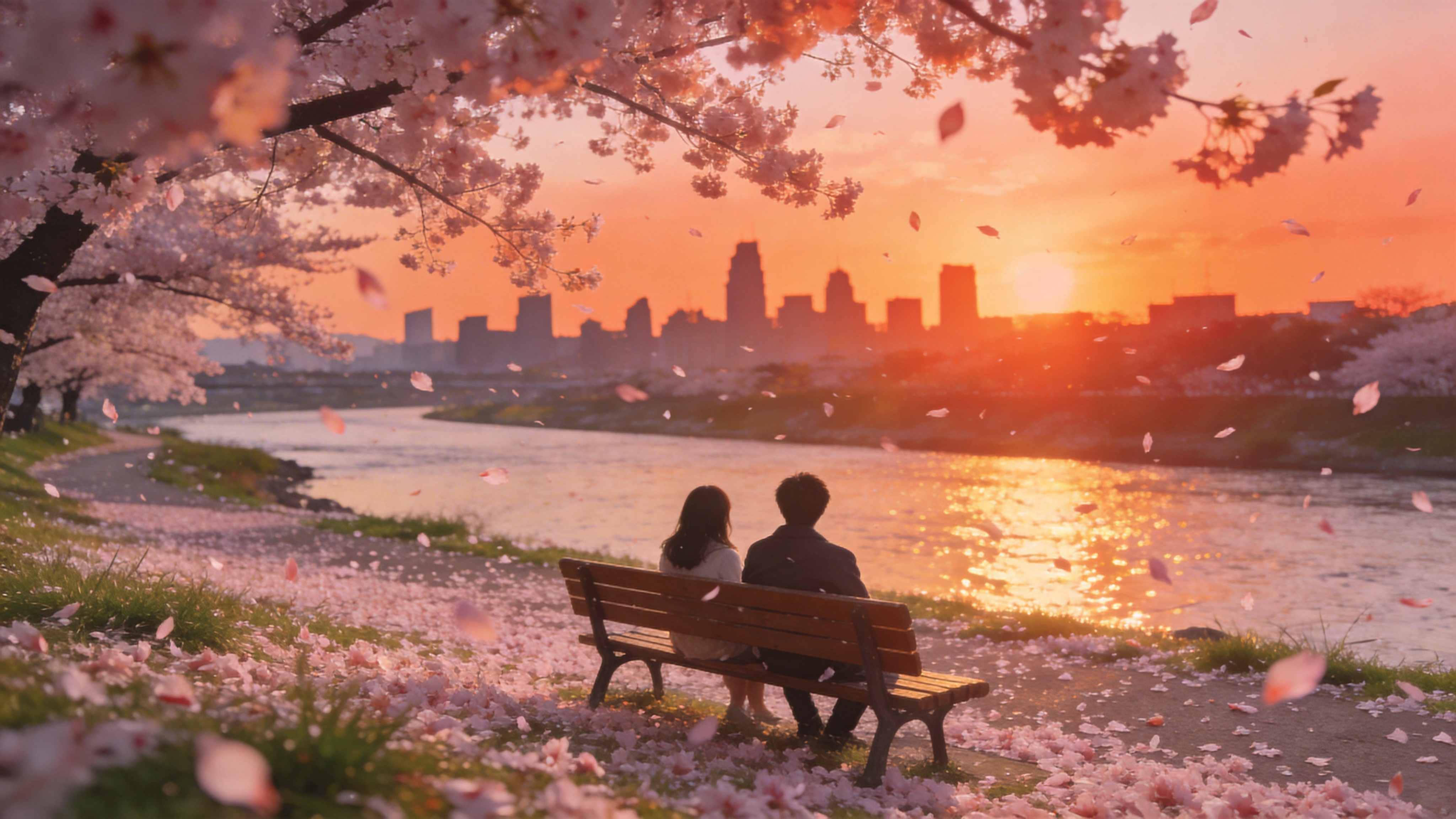 春日樱花盛开的河岸，粉色的樱花瓣如雪般飘落，覆盖了草地和河面，一对恋人坐在河边的长椅上背对观众，看着远处的城市剪影，夕阳将整个画面染成温暖的橘红色。

唯美浪漫摄影，柔焦效果，日系胶片色调，富士胶片模拟，颗粒感，情感化叙事，宽画幅，电影感截图。