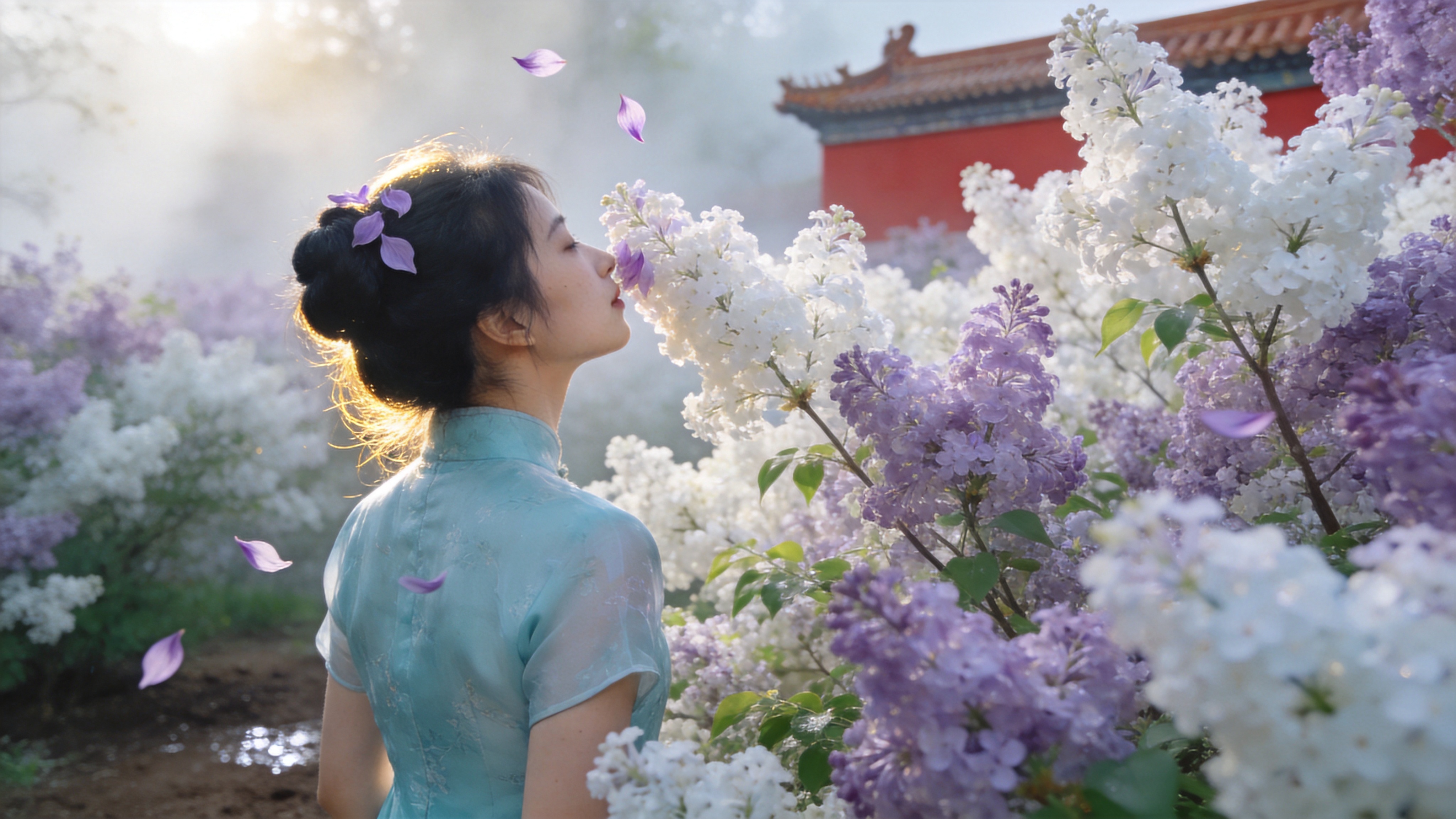 2026年暮春时节，清晨的阳光穿透薄雾洒落在一片盛开的白紫相间丁香花丛中。画面主体是一位身着淡青色新中式旗袍的少女背影，她正踮起脚尖，试图嗅闻最高处那一串盛开的丁香花。微风吹过，几片淡紫色的花瓣在空中盘旋飘落，落在她乌黑的发髻上。远处是若隐若现的古典园林红墙角楼，空气中弥漫着湿润的泥土气息和淡淡的花香，充满了春末夏初的生机与静谧。

新中式唯美摄影风格，高清晰度，8K分辨率。色调以清透的青色、淡紫和暖白为主，追求日系小清新的通透感与国风雅致的结合。光影运用柔和的逆光效果，勾勒出少女发丝的金边和花瓣的半透明质感。景深处理细腻，背景虚化如奶油般化开，强调前景的细节纹理，整体氛围温柔、治愈且富有诗意。