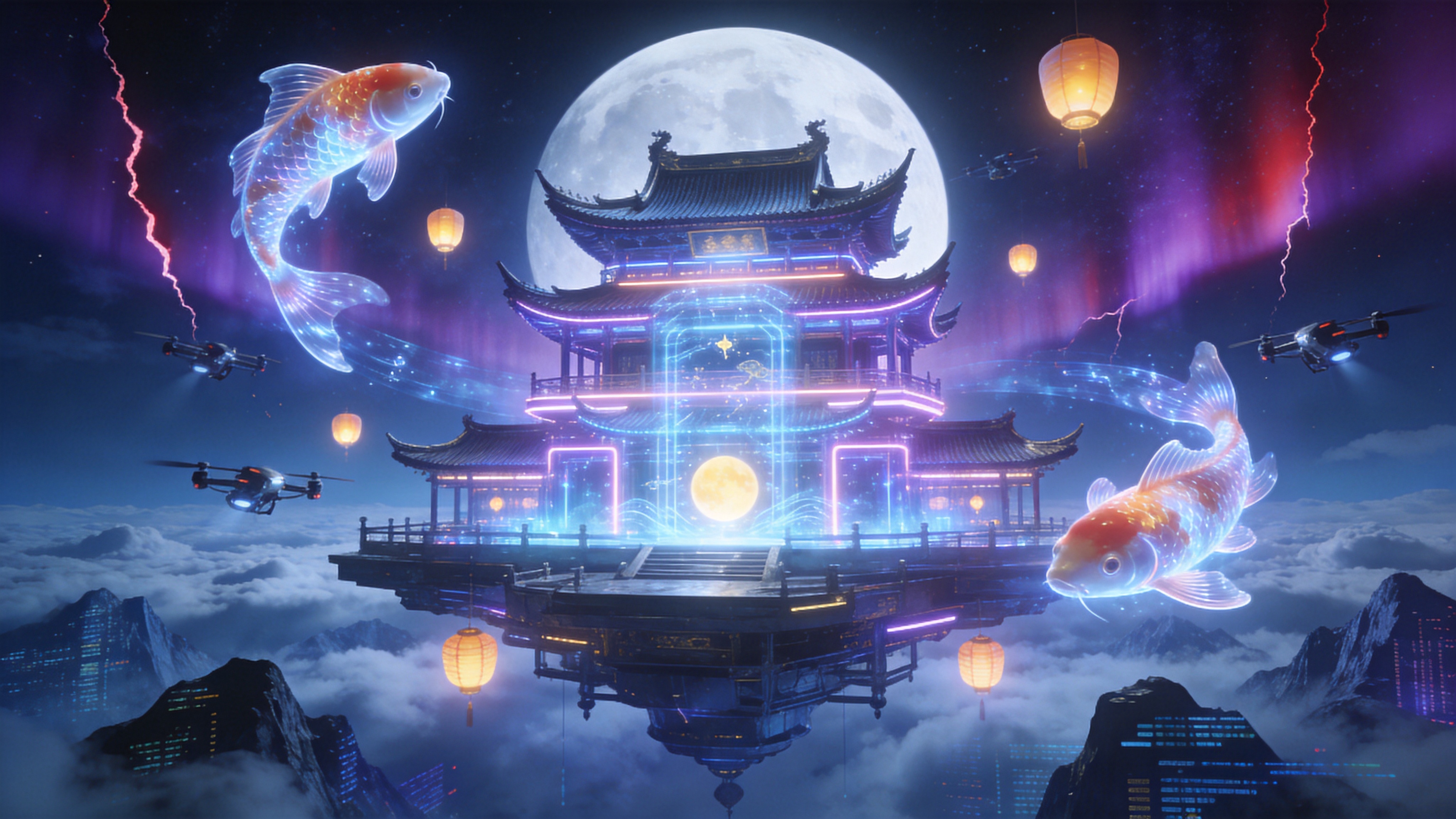 一座漂浮在云海之上的赛博朋克风格空中楼阁，主体是结合了苏州园林飞檐翘角与霓虹灯管的全息投影建筑。巨大的全息锦鲤在空中穿梭，楼阁周围环绕着发光的浮空灯笼和机械无人机。夜空被撕裂，透出紫红色的极光，下方是连绵起伏的数据山脉，展现出一个科技与古典美学完美融合的未来中秋夜景。

3D 概念艺术与赛博朋克风格，高对比度，主色调为赛博蓝、霓虹紫和金属银。光影效果强烈，体积光渲染细腻，材质具有玻璃折射、金属光泽和发光特效。超高清分辨率，构图宏大，细节丰富，具有强烈的视觉冲击力。