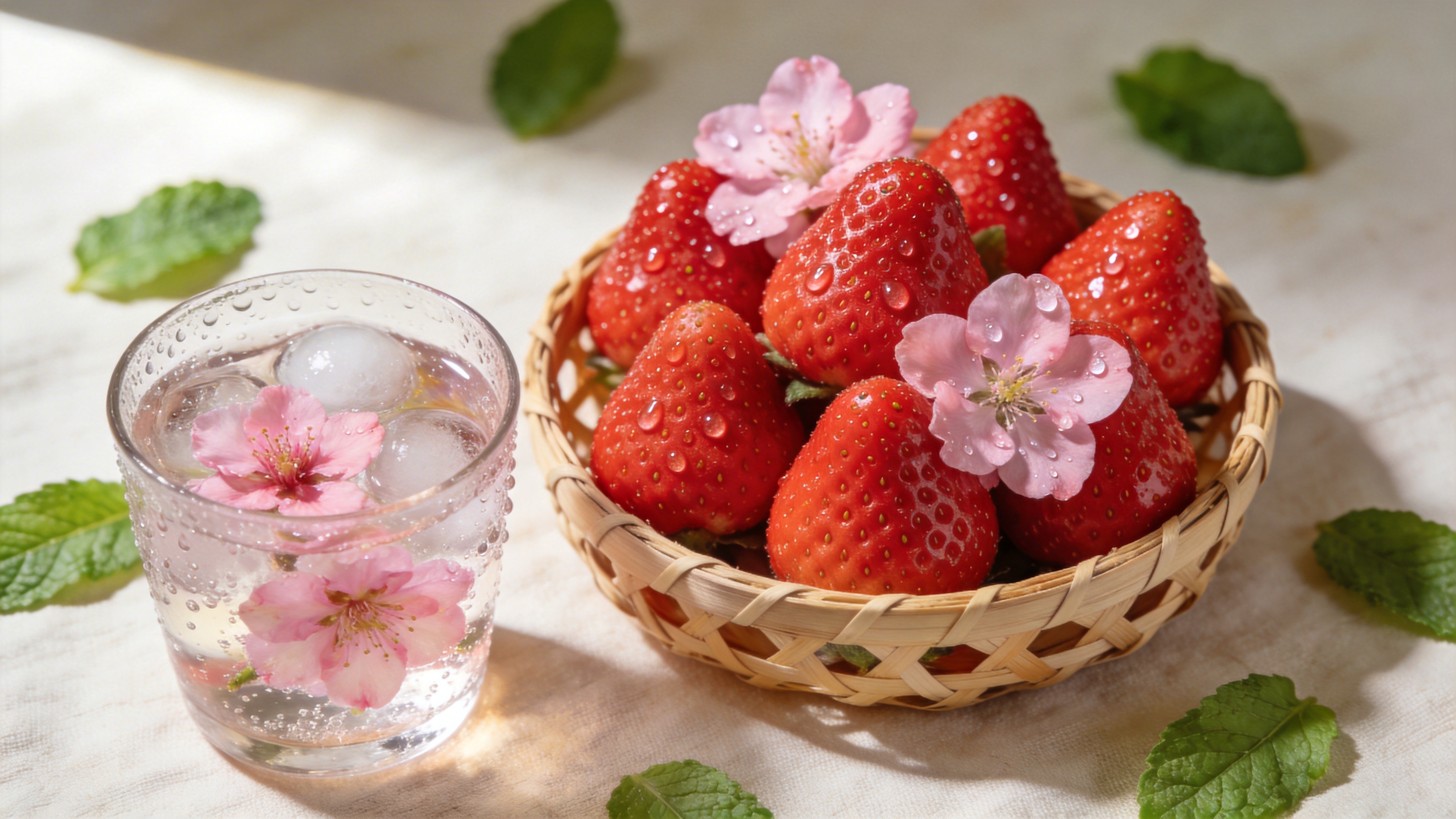 一张极具质感的春日美食特写，画面中心是一只手工编织的竹篮，里面盛满了刚刚采摘的鲜红草莓和几枝带着露水的粉色桃花。草莓的色泽红润欲滴，表面覆盖着细小的籽，散发着诱人的光泽。旁边放着一杯冒着气泡的冰镇樱花气泡水，杯壁挂着水珠，里面漂浮着一块晶莹剔透的冰球和一朵完整的食用樱花。背景是虚化的淡奶油色亚麻桌布，散落着几片翠绿的薄荷叶，阳光从左上方斜射进来，勾勒出食物的轮廓，营造出清新、甜蜜且令人垂涎欲滴的春日野餐氛围。

商业美食摄影风格，微距镜头，大光圈虚化背景。强调食物的色泽、水分和质感，光影柔和自然，采用自然光模拟早晨的侧逆光。色彩饱和度适中，偏向日系小清新风格，高调摄影，画面通透干净，细节锐利，具有高级的时尚杂志大片质感。