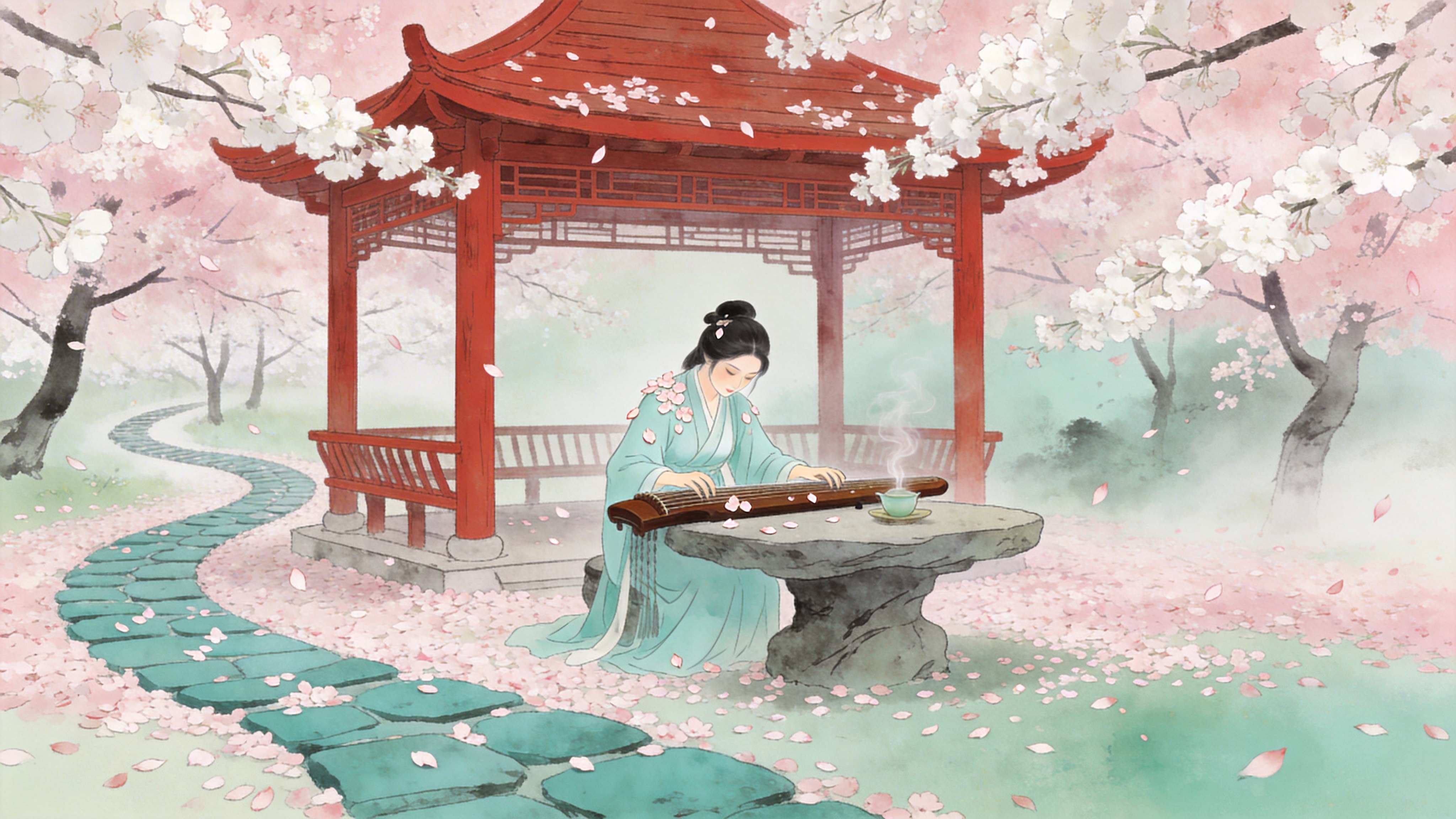 早春三月，一片粉白色的樱花林正盛开，花瓣如雪般飘落，覆盖在蜿蜒的青石板小径上。画面中央是一座古朴的木质红色凉亭，凉亭下坐着一位身着淡青色汉服的少女，她正低头轻抚一把古琴，身旁石桌上的一盏清茶冒着袅袅热气。微风拂过，几片花瓣落在她的肩头和琴弦上，营造出一种宁静致远的东方禅意。

新中式国潮插画风格，融合传统工笔画的细腻线条与现代插画的清透质感。色彩以淡粉、青绿、赭石为主，色调清新雅致。光影柔和，采用漫射光效果，强调空气感和朦胧美，背景带有淡淡的水墨晕染，极具诗意。