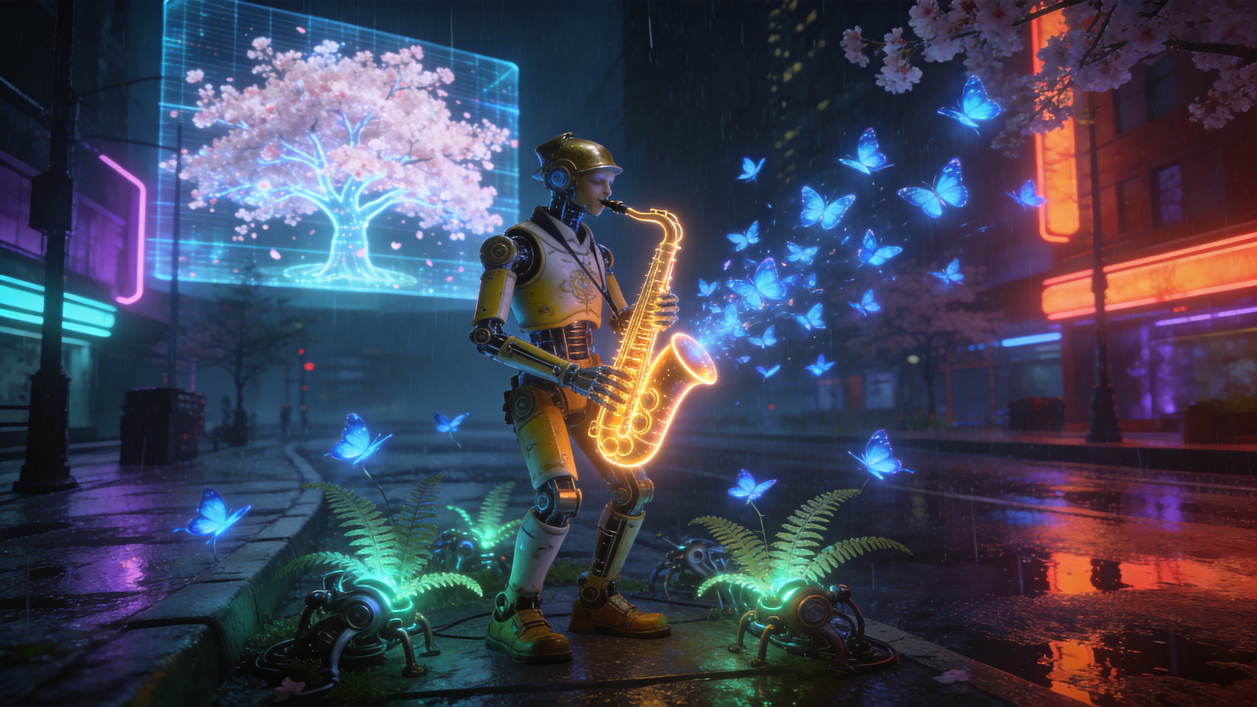 未来的赛博朋克城市，正值春分之夜，巨大的全息投影在空中投射出盛开的全息樱花树。街道是湿漉漉的，反射着霓虹灯的紫红与青蓝光芒。画面中央是一个复古的机械流浪艺人，它的身体由黄铜和陶瓷构成，正在吹奏一支发光的萨克斯风。从萨克斯风中飘出的不是音符，而是无数发光的蓝色蝴蝶，它们围绕着路边生长出的发光机械蕨类植物飞舞，象征着科技与自然的奇异共生。

3D概念艺术与赛博朋克风格，深受Blender渲染和《银翼杀手》美学影响。高对比度，冷暖色调对撞（霓虹蓝与暖橙），强调体积光和环境光遮蔽。材质上强调金属的冷硬光泽与全息投影的通透感，雨水和地面的反射细节丰富，营造出神秘、迷幻且略带孤独感的未来主义氛围。