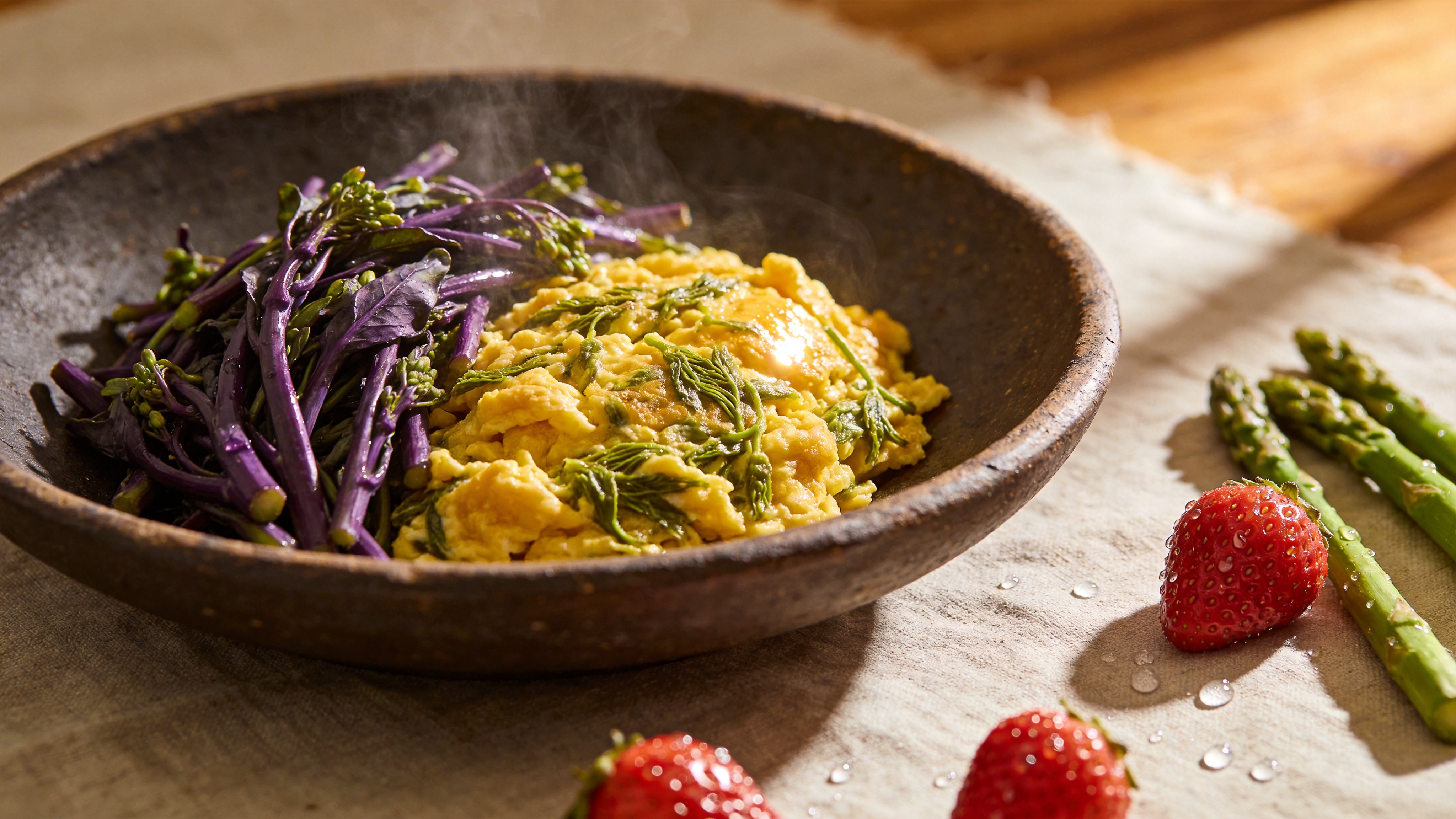 特写视角的美食静物，主题是'早春的味道'。在一个粗陶制作的深盘中，盛着一盘刚出锅的香椿炒鸡蛋，金黄蓬松的鸡蛋中裹着嫩紫油亮的香椿芽，热气腾腾，仿佛能闻到浓郁的香气。盘边随意散落着几颗带露水的鲜红草莓和几根翠绿的芦笋作为点缀。背景是虚化的木质餐桌，铺着一层亚麻质地的浅米色桌布，阳光从右侧斜射进来，在鸡蛋表面形成诱人的高光，勾勒出食物的轮廓，并在桌布上投下柔和的影子。画面强调食物的纹理和温度感。

高端商业美食摄影风格，类似米其林餐厅菜单的呈现。追求极致的景深效果，背景虚化唯美，主体锐利突出。色调温暖明亮，采用自然光效，强调新鲜感和食欲。画质细腻，色彩还原度高，具有胶片摄影的颗粒感和柔和的暗角，给人一种生活美学的治愈感。