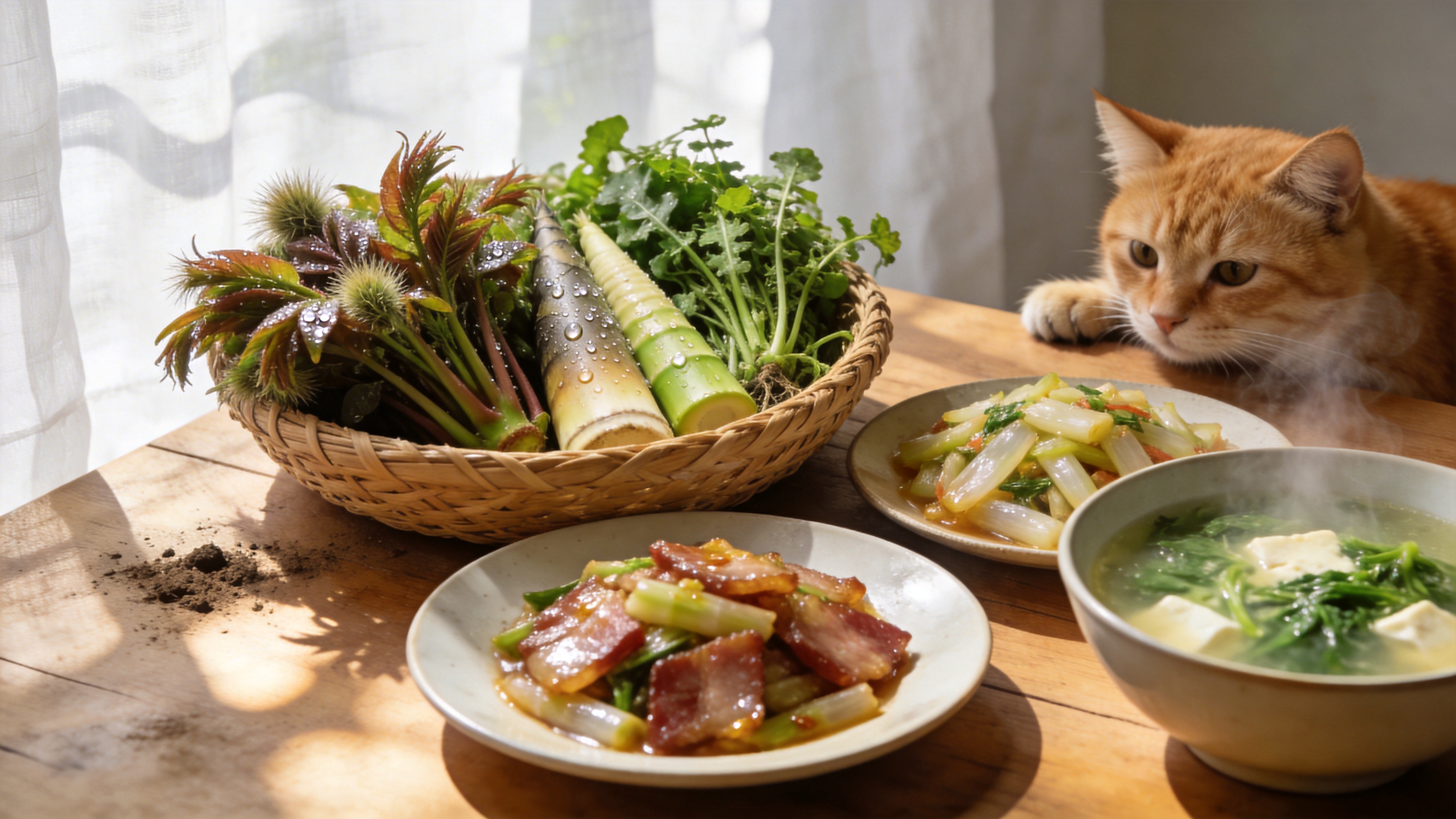 春分时节的美食特写，一个手工编织的藤篮里盛满了刚采摘的香椿头、鲜嫩的春笋和带露水的荠菜，旁边摆着一盘晶莹剔透的春笋炒腊肉和一碗热气腾腾的荠菜豆腐羹。阳光透过半透明的白色亚麻窗帘洒在木质餐桌上，形成斑驳而温暖的光斑。一只慵懒的橘猫正趴在桌角，好奇地盯着那盘鲜嫩的春笋，空气中仿佛弥漫着泥土的芬芳和食物的香气。

超高清美食摄影风格，采用自然光摄影，追求极致的写实主义。景深较浅，聚焦于食材的纹理与色泽，背景虚化处理。色调温暖明亮，带有日系小清新的通透感，强调食材的新鲜度（露水、毛绒感）和食物的热气（蒸汽效果）。构图采用俯视微距，富有生活气息与治愈感。