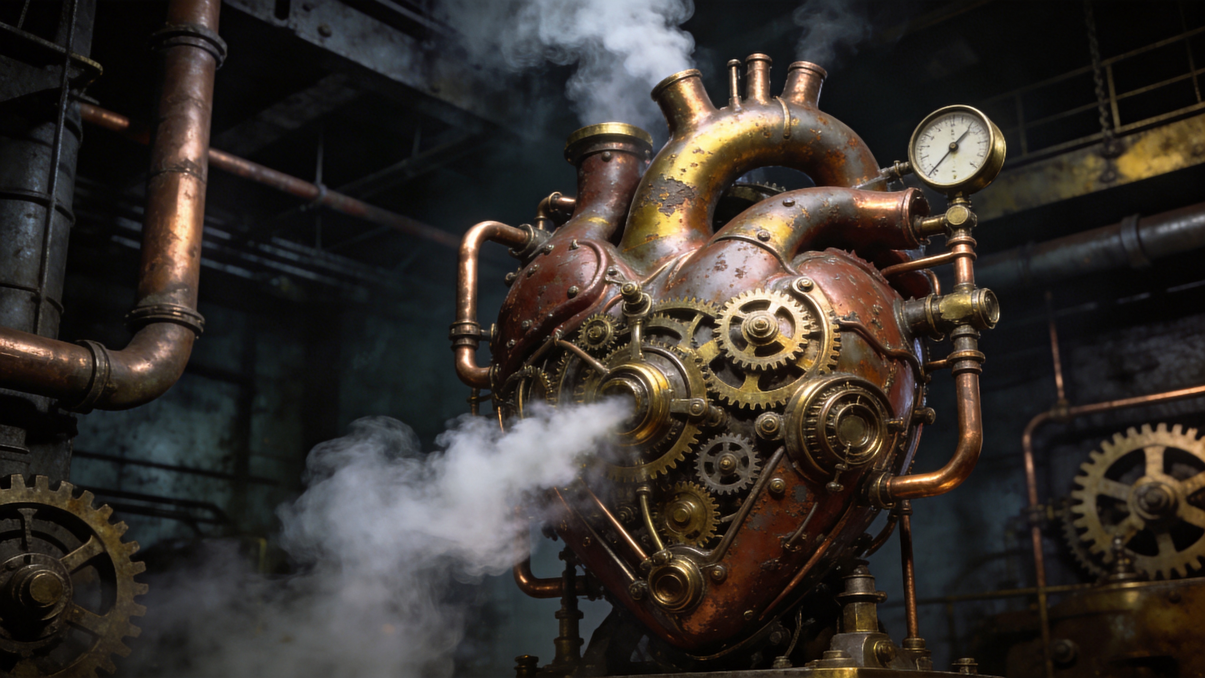 一个巨大的机械心脏由无数精密的齿轮、铜管和压力表组成，表面有着岁月的锈迹，正在缓缓搏动，喷出白色的蒸汽，周围是昏暗的工业车间背景，充满了蒸汽朋克的硬核美感。

蒸汽朋克风格，金属质感，黄铜与钢铁色泽，复杂的机械结构设计，戏剧性布光，体积烟雾，复古未来主义，精细的机械素描。