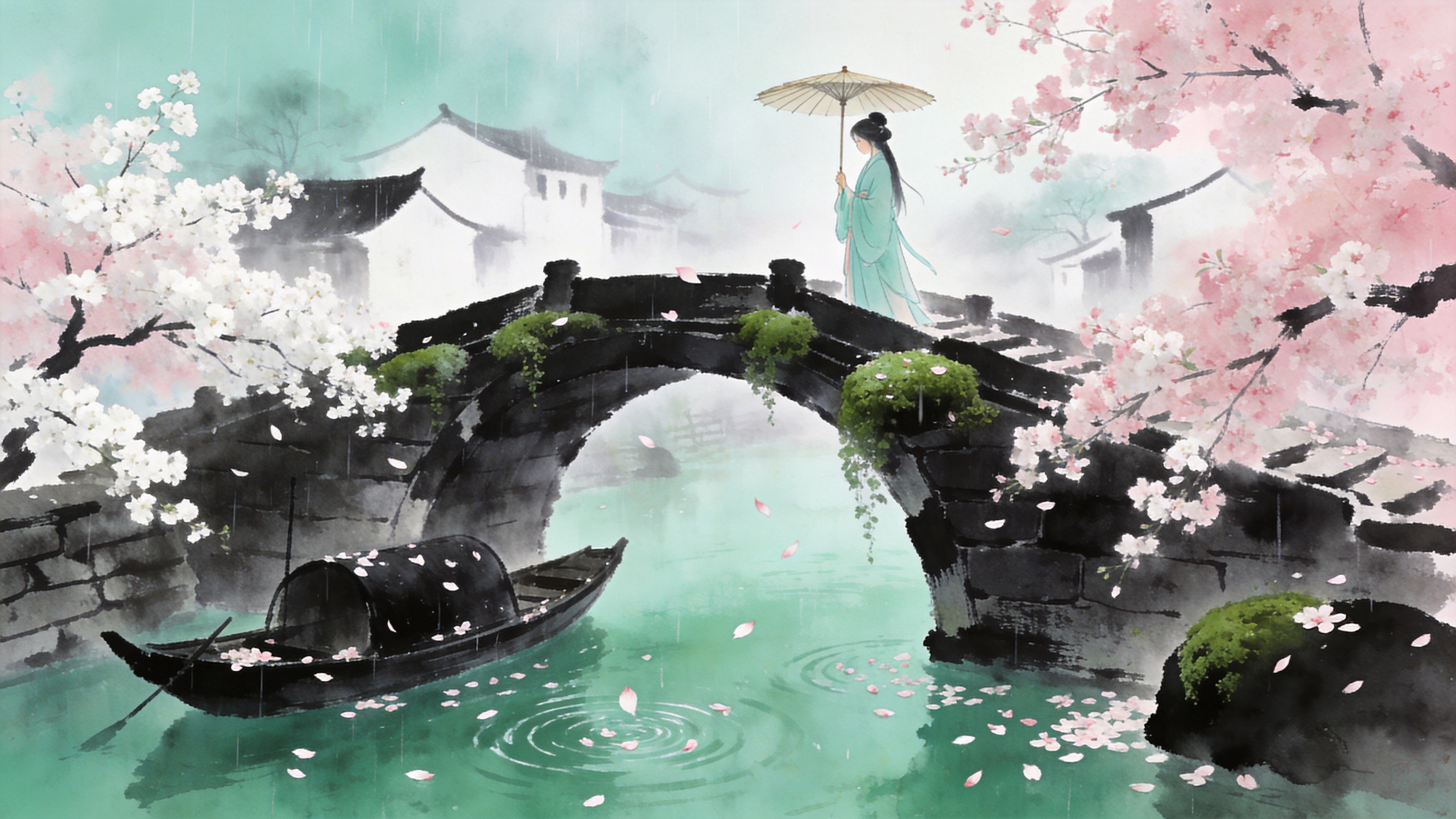 早春三月的江南水乡，细雨蒙蒙，一艘乌篷船静静地停泊在长满青苔的石桥下。岸边几株早樱正开得烂漫，粉白色的花瓣随风飘落在碧绿的河面上，泛起层层涟漪。远处烟雨朦胧中的白墙黛瓦若隐若现，一位身着淡青色汉服的少女撑着油纸伞站在桥头，凝视着水面上的落花，画面充满诗意与生机。

新中式国风水墨风格，融合了传统水墨画的晕染技法与现代水彩的通透感。色调以淡青、桃粉、水墨黑为主，营造湿润、清新的春日氛围。笔触细腻流畅，注重留白意境，光影柔和朦胧，具有东方美学的含蓄与雅致。
