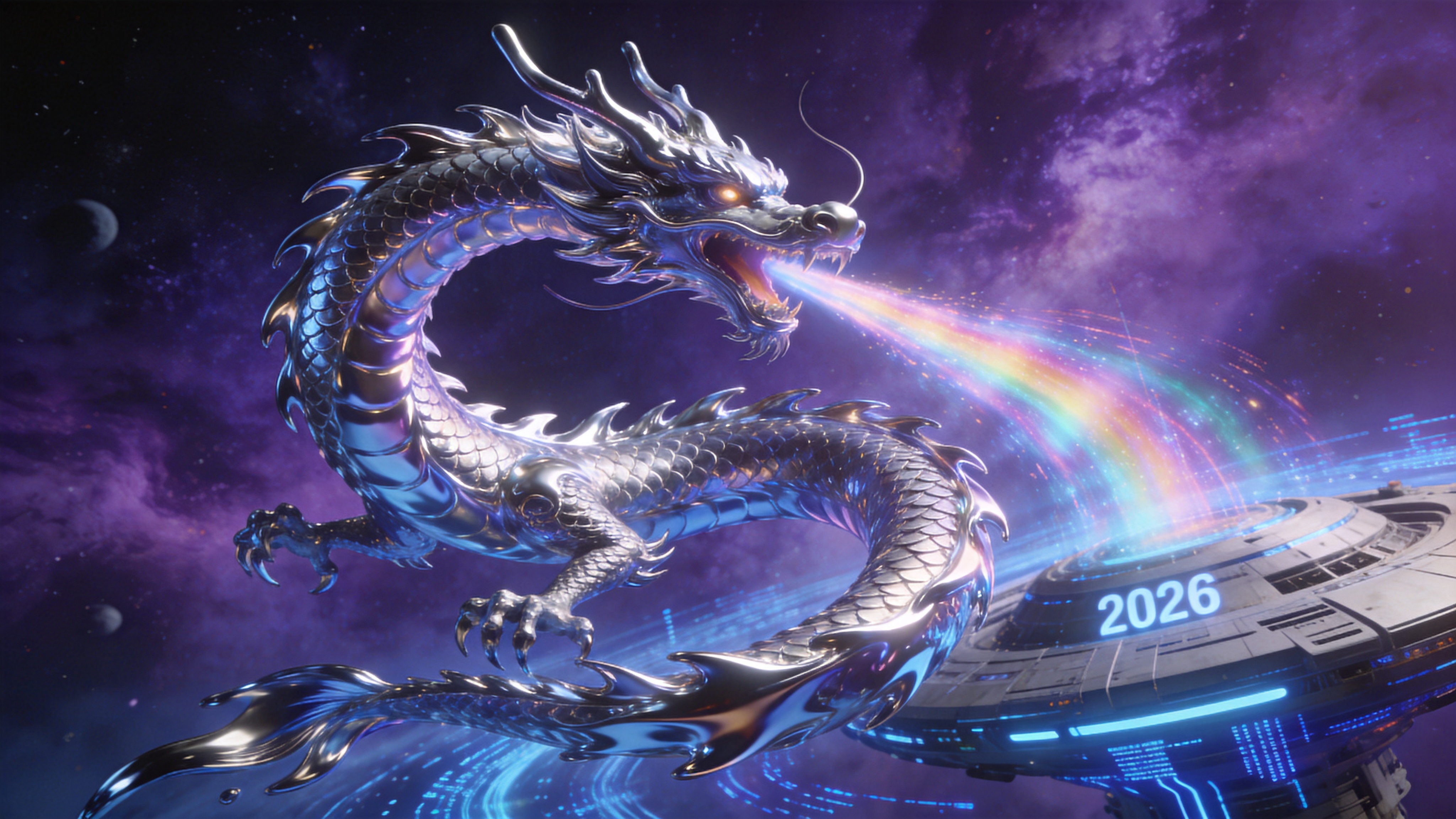 在浩瀚无垠的深紫色宇宙星云中，一条由液态水银构成的巨龙正在盘旋飞舞。龙鳞闪烁着金属的冷光，随着它的游动，周围的空间发生了奇异的扭曲，仿佛时间被折叠。巨龙的口中喷吐出的不是火焰，而是绚丽的极光带，与背景中2026年特有的未来派星际空间站遥相呼应，空间站表面流动着蓝色的数据流光。

3D 奇幻概念艺术与赛博朋克结合。具有强烈的体积感和光泽度，使用 Octane 渲染风格。色调以深邃的太空紫、霓虹蓝和液态银为主。光影对比强烈，强调金属反射和环境光遮蔽，画面极具视觉冲击力和未来科技感。