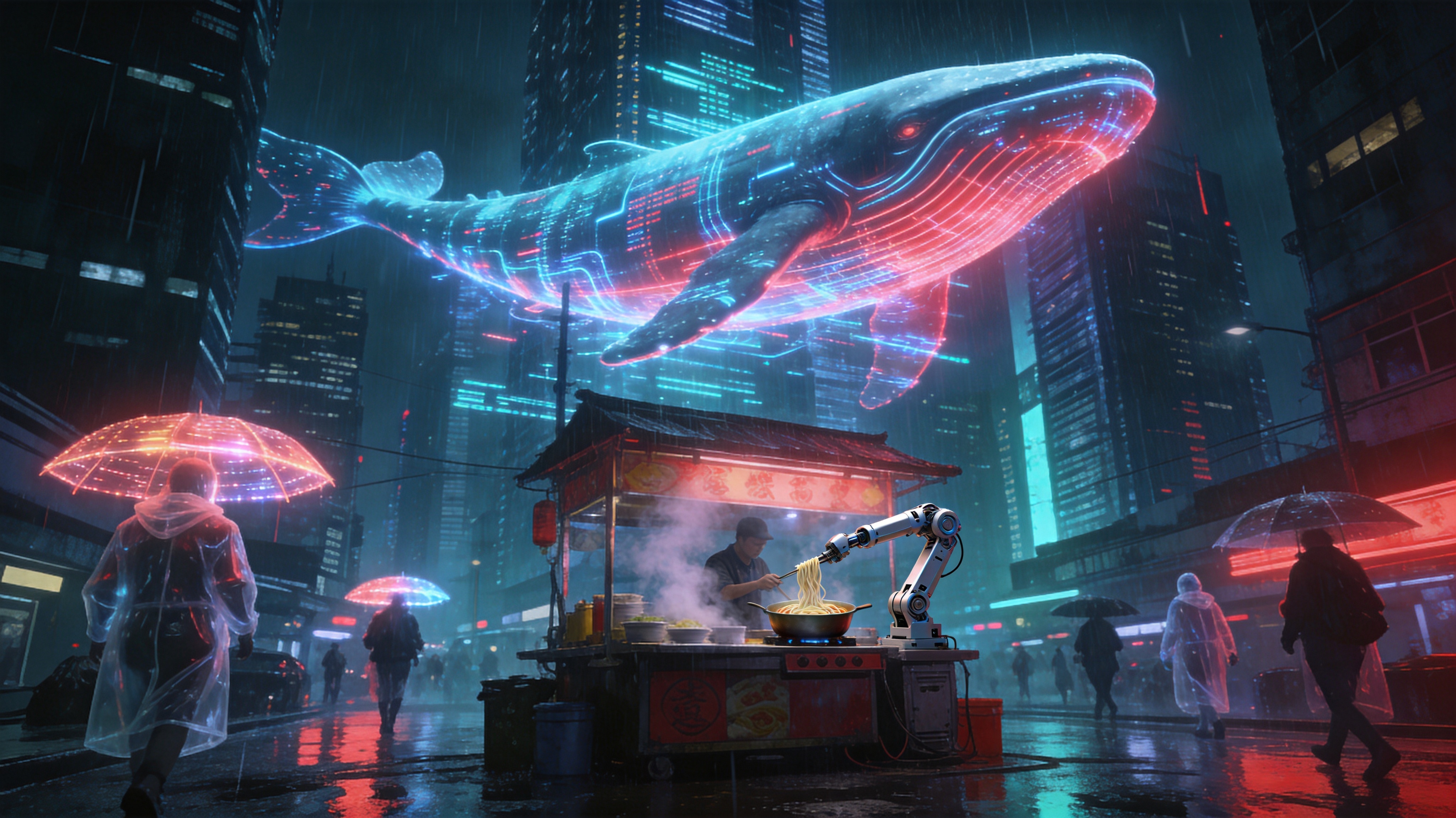 未来的超级都市，时间是 2026 年 5 月 22 日的深夜。巨大的全息鲸鱼在雨夜的摩天大楼之间游弋，它的身体由流动的霓虹数据流构成，发出幽蓝和洋红色的光芒。街道积水反射着高耸入云的赛博建筑，身穿透明雨衣的行人撑着发光的伞匆匆走过。画面中心是一个复古的街头拉面摊，冒着热气，与周围冰冷的科技感形成强烈对比，摊主是一只智能机械臂，正在熟练地煮面。

赛博朋克概念艺术，风格参考《银翼杀手 2049》与《攻壳机动队》。强烈的冷暖色调对比（青色与洋红色），高饱和度，体积光渲染。细节极度丰富，强调湿滑质感、金属光泽和全息投影的透明感。视角采用广角仰视，展现城市的压迫感与未来的迷幻美学。