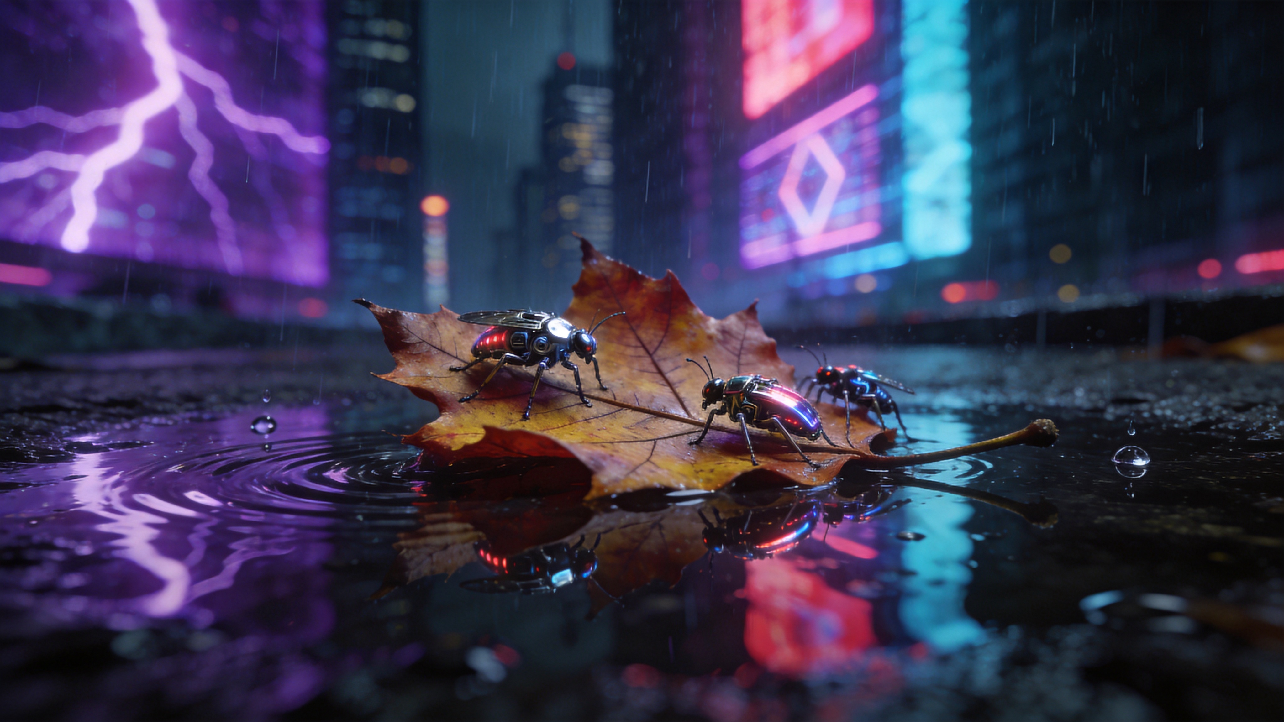 这是一个充满未来感的赛博朋克微观世界。场景设定在 2026 年的东京街头雨夜，但视角聚焦在积水路面的一个水洼中。水洼中央漂浮着一片刚被雨水打落的枯黄枫叶，叶脉清晰可见。背景是虚化的高耸霓虹摩天大楼，巨大的全息广告牌在雨中闪烁着紫罗兰色和电光蓝的光芒，倒映在水中形成扭曲的几何光斑。几只机械昆虫正在枯叶上停歇，它们的金属外壳反射着周围的霓虹灯光，与有机的枯叶形成强烈的生命与科技的对比。雨滴落在水洼激起涟漪，打破了平静的倒影。

超写实主义微距摄影风格，配合赛博朋克美学。极高的分辨率，强调金属的冷硬质感、水的通透感以及霓虹光的溢出效果。色调以冷冽的青色、品红和深黑为主，对比度极高，暗部细节丰富。景深极浅，焦点集中在枯叶和机械昆虫上，背景呈现梦幻的焦外光斑，充满科幻电影的视觉张力。