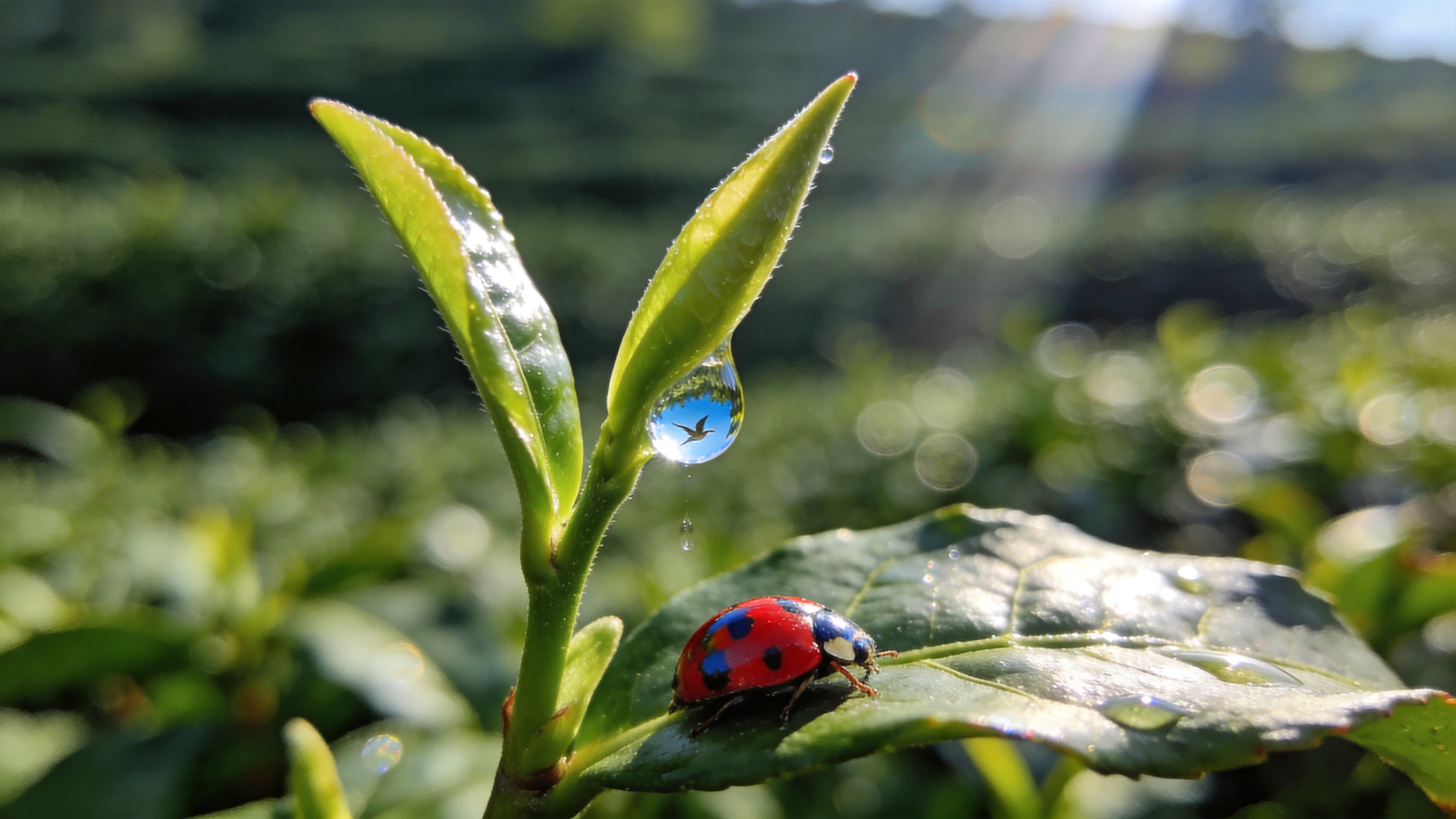 画面聚焦于四月中旬茶园的一角，采用极低角度的微距视角。一株茶树的嫩芽尖端刚刚舒展成两叶一芯，晶莹剔透的晨露悬挂在嫩绿的叶尖上，摇摇欲坠。露珠内部完美倒映着背后的蓝天和几只飞舞的春燕。一只色彩斑斓的七星瓢虫正停在下方的老叶上，红色的甲壳与嫩绿的茶芽形成鲜明的互补色对比。背景是虚化的深绿色茶海，呈现出柔和的圆形光斑，阳光从右上方45度角洒下，照亮了叶脉清晰的纹理。

国家地理超微距摄影风格。追求极致的真实感与清晰度，景深极浅，主体锐利。色彩还原自然且通透，强调绿色系的层次变化。光影为自然光，强调丁达尔效应和露珠的高光反射。画质为8K超高分辨率，具有强烈的视觉冲击力和呼吸感，仿佛能闻到春天的茶香。