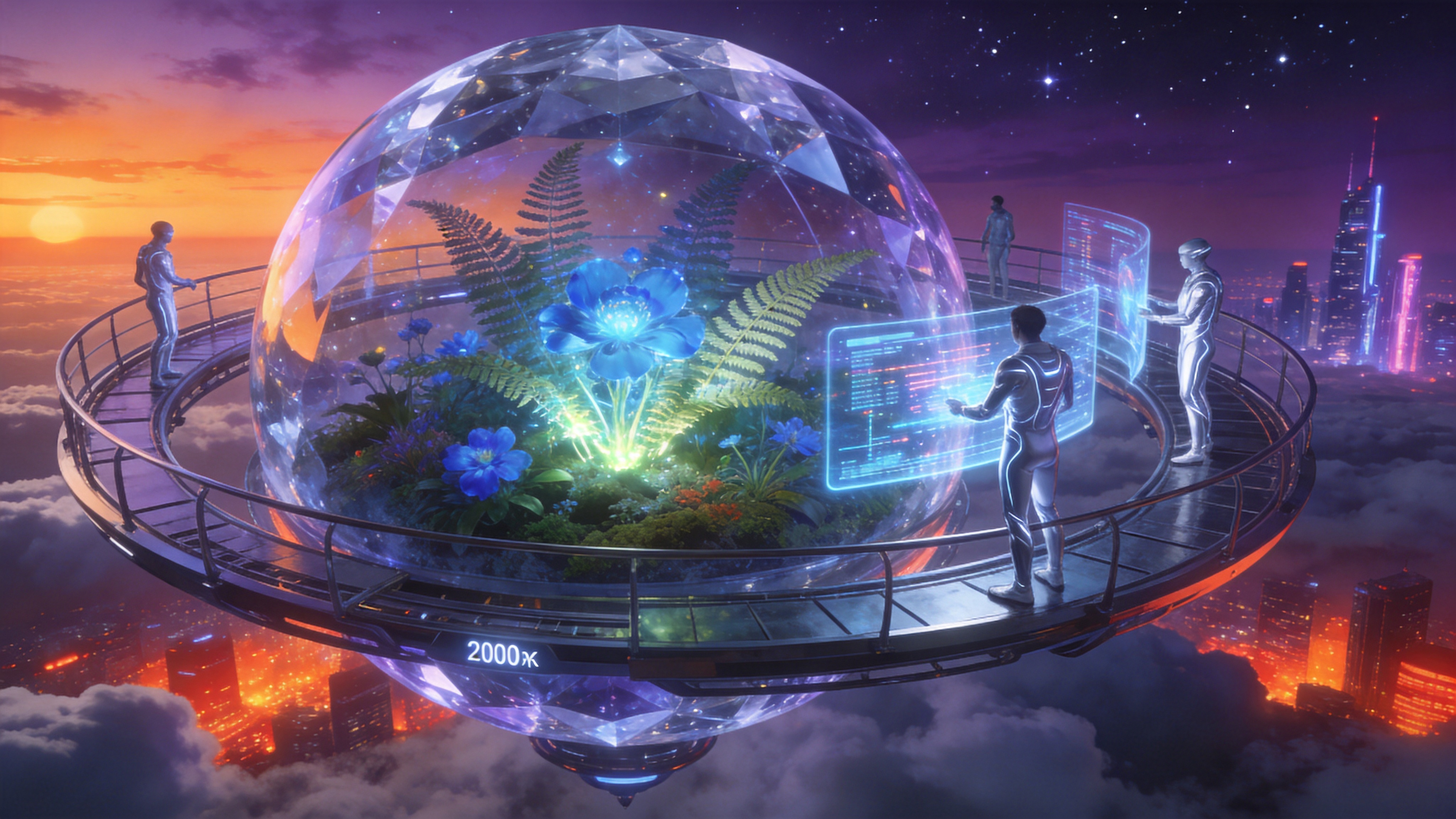 一个充满未来感的悬浮生态花园，位于距离地面两千米的高空云层之上。主体是一座巨大的、透明的水晶状球体建筑，内部是一个封闭的微型生态系统，生长着巨大的发光蕨类植物和奇异的蓝色花朵。球体外部环绕着数条反重力的金属环廊，上面站着几位身穿银白色流线型紧身衣的探险者，他们正通过全息投影屏幕观察着球体内部的数据流动。背景是深紫色的暮光天空，几颗明亮的星星开始闪烁，远处可见一座座高耸入云的赛博朋克风格摩天大楼，霓虹灯光在云雾中若隐若现。画面底部是翻滚的云海，被下方的城市灯光染成了绚丽的橙红色，展现出科技与自然完美共存的宏大场景。

3D 概念艺术与科幻插画风格，深受《银翼杀手》和《阿凡达》美学影响。视觉上强调高对比度与丰富的细节质感。主色调为电光蓝、霓虹紫和金属银，辅以背景的暖橙色夕阳，形成强烈的冷暖对比。材质上强调玻璃的折射、金属的冷冽反光以及植物的生物荧光。光影采用体积光（God Rays）和全局光照技术，营造出神圣而神秘的氛围。构图采用广角仰视，增强建筑的宏伟感和压迫感，边缘锐利，细节极致精细，适合作为高概念游戏或电影的概念海报。