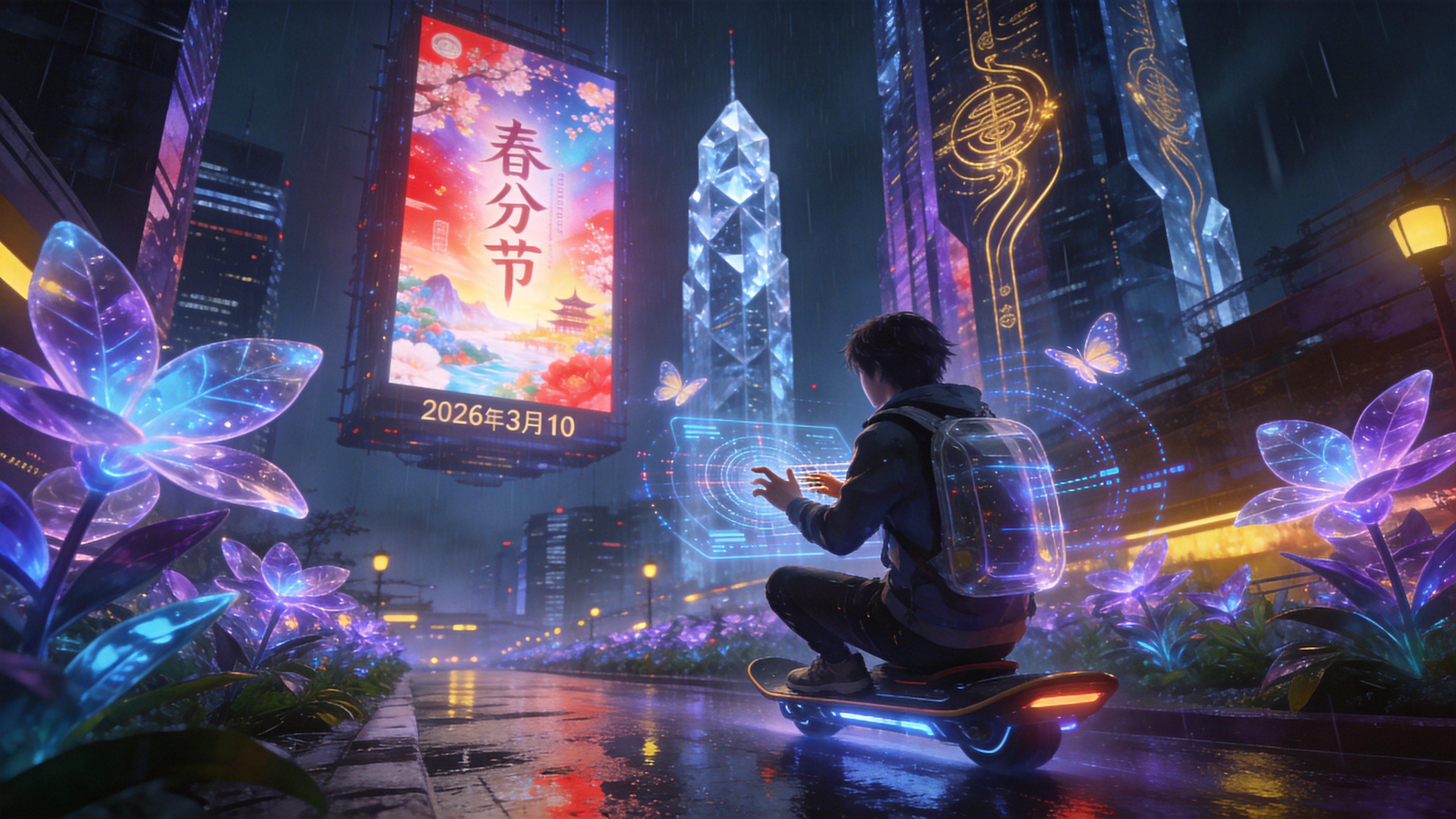 2026年3月10日的未来城市一角，巨大的全息广告牌悬浮在半空，投射出绚丽的春分节气主题光影。街道两旁种植着经过基因改良的发光植物，叶片呈现出半透明的霓虹质感，随着节奏变换着蓝紫色的光芒。一名背着透明背包的年轻赛博游吟诗人，正坐在一艘磁悬浮滑板上，手指在空中的虚拟界面上弹奏，周围环绕着由数据流构成的虚拟蝴蝶。背景是高耸入云的晶体摩天大楼，建筑表面流动着金色的能量符文，整座城市在春雨的冲刷下反射出迷离的光泽，科技与自然在这个季节里奇妙融合。

赛博朋克概念艺术风格，强调高科技与低生活的对比，但融入了春天的生机。采用冷暖色调对比，以霓虹蓝、紫红为主色调，点缀暖黄色的灯光。材质上强调金属的光泽、全息投影的通透感以及湿润地面的反光。光影效果戏剧化，利用体积光和辉光效果营造未来感，细节极其丰富，画面锐利清晰，具有电影级的视觉冲击力。