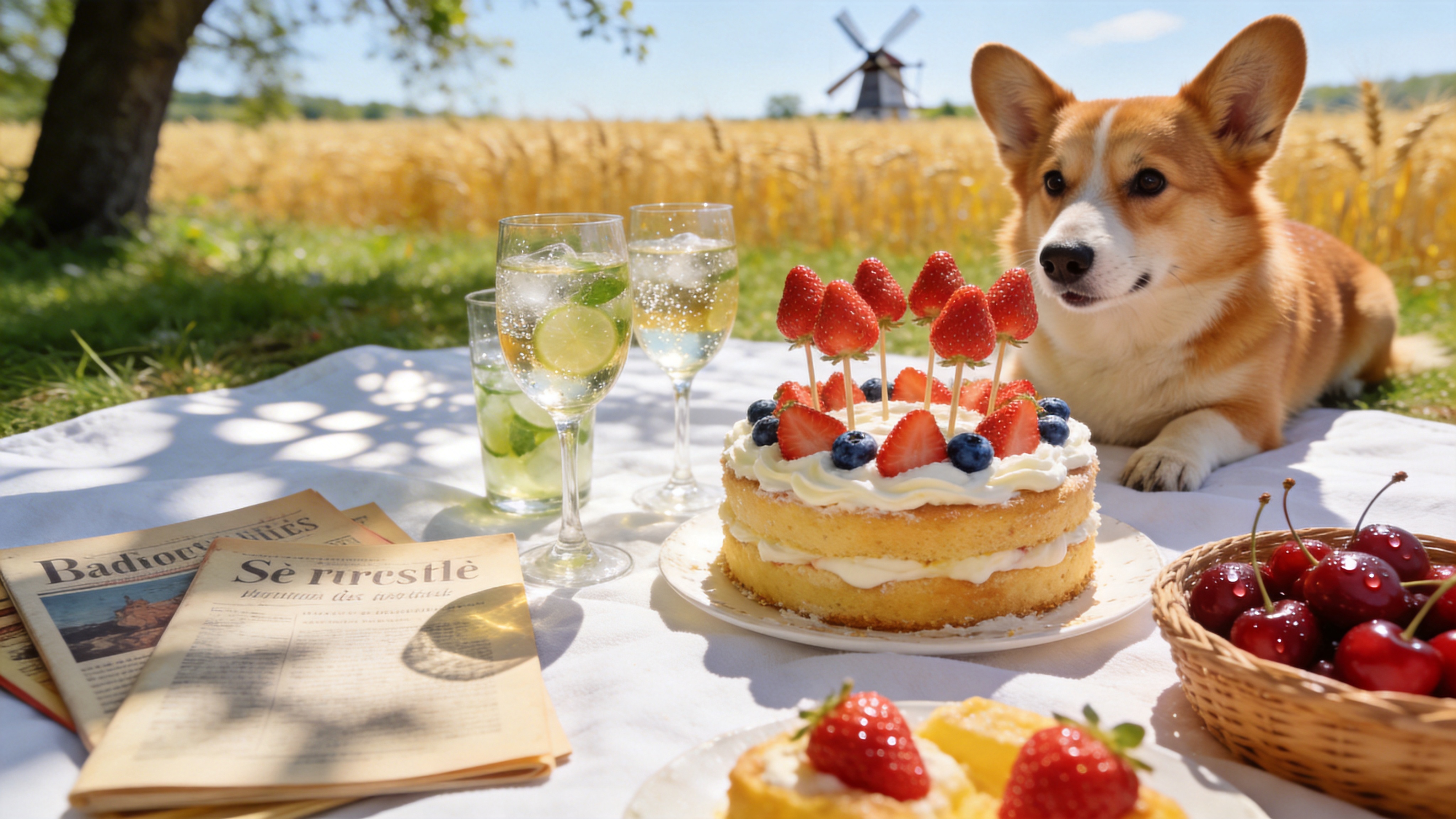 4月8日的午后，欧洲乡村的一处野餐草地。阳光透过斑驳的树影洒在白色的野餐垫上。垫子上摆放着精致的春日美食：一个插满鲜嫩草莓和蓝莓的奶油戚风蛋糕、几杯冒着气泡的莫吉托酒、一篮刚采摘的带露水的红樱桃和几本封面复古的法文杂志。一只毛色金红的柯基犬正趴在旁边，眼巴巴地盯着蛋糕。背景是虚化的金黄色麦田和远处的风车，微风吹过，麦浪翻滚，画面充满了温暖、慵懒和甜蜜的春日气息。

日系小清新摄影风格，追求极致的明亮与通透。色调明亮柔和，以暖白、嫩绿、鹅黄和草莓红为主，低对比度。使用大光圈镜头，背景柔美虚化（Bokeh效果），突出前景的美食细节。光影自然柔和，模拟正午阳光的漫射效果，整体给人一种治愈、甜蜜且充满生活质感的视觉体验。
