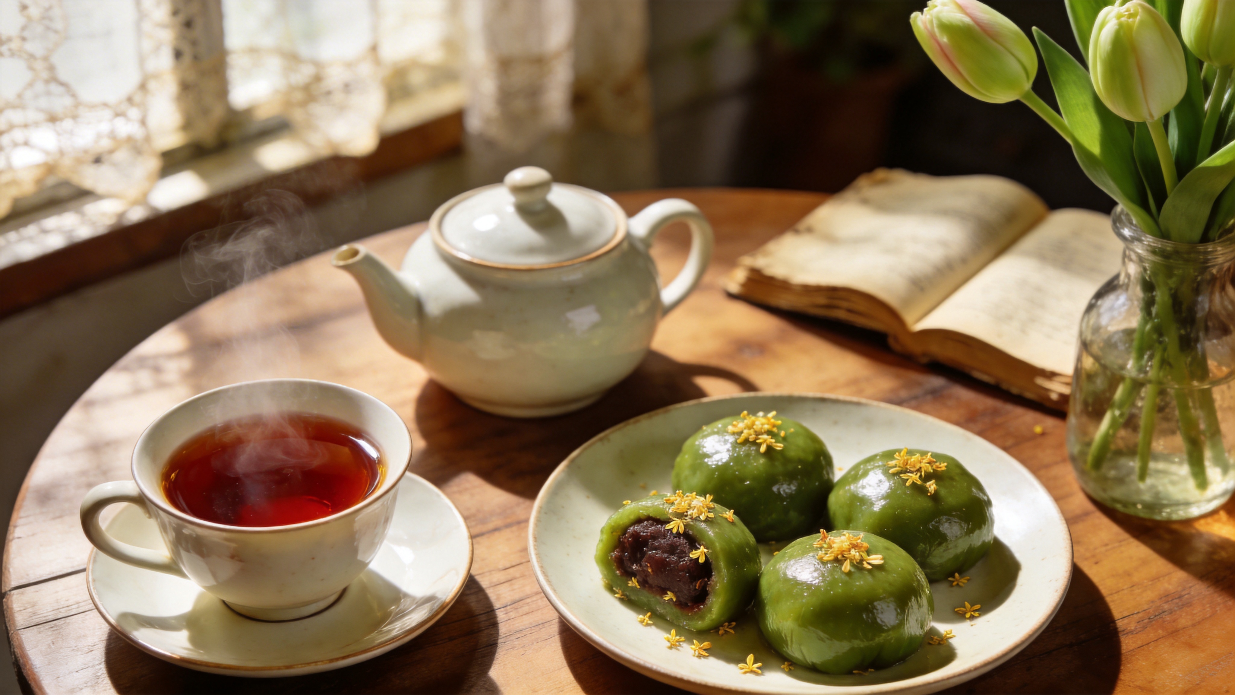 春日午后的阳光透过复古的窗纱洒在一张胡桃木圆桌上。桌上摆放着一套精致的骨瓷茶具，茶杯里冒着袅袅热气，红褐色的普洱茶汤清澈透亮。旁边有一盘刚出炉的时令点心——青团，表皮翠绿油亮，透出内馅的豆沙色泽，还撒了一层金黄的桂花。背景是虚化的室内陈设，包括一束插在玻璃瓶里的鲜嫩郁金香和几本摊开的旧书。整体构图采用俯视45度角，突显食物的质感和生活的仪式感。

现代美食摄影风格，50mm f/1.8 大光圈镜头效果。色调温暖复古，带有胶片颗粒感。光影柔和自然，强调高光和阴影的过渡。材质表现极其逼真，重点刻画青团的软糯表皮、瓷器的细腻釉面和液体的通透感。景深浅，主体突出，极具食欲和高级感。