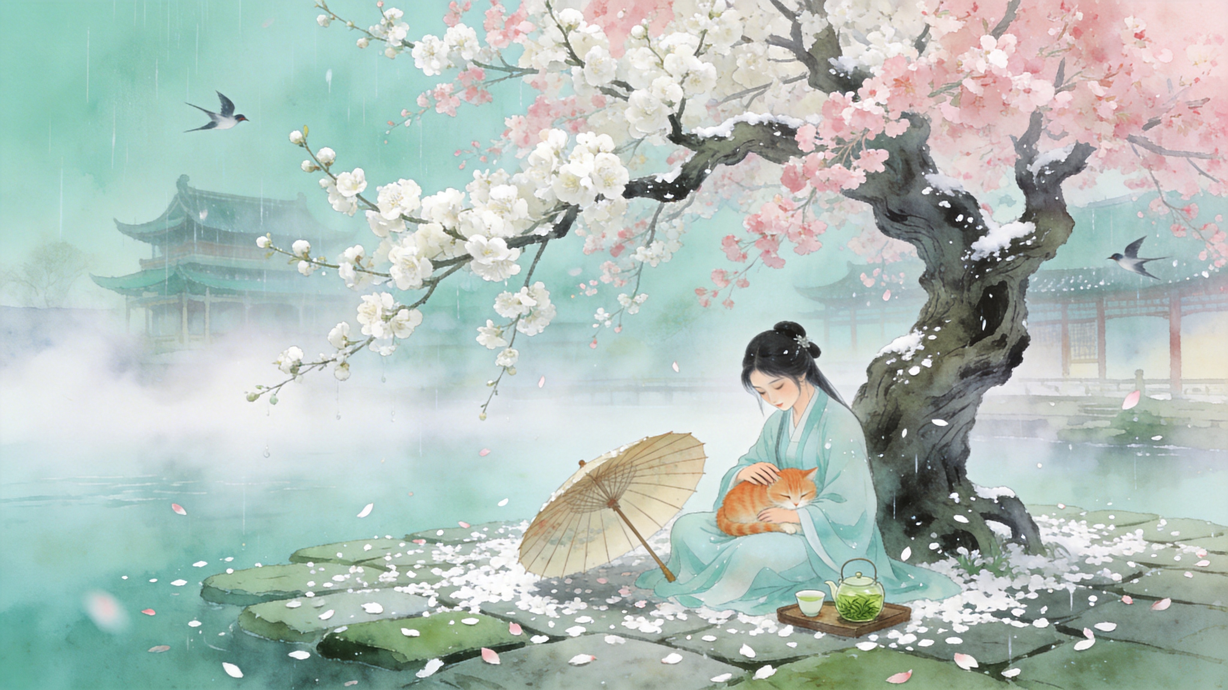 早春三月，画面中央是一株盛开的白梅与粉樱交织的古老花树，花瓣如雪般纷纷飘落，覆盖了青石板路。树下坐着一位身着淡青色汉服的少女，她正低头轻抚一只怀中的橘猫，身旁放着一把半开的油纸伞和一壶刚沏好的碧螺春。背景是若隐若现的烟雨江南楼阁，远处的江面上雾气缭绕，几只春燕低空掠过，空气中弥漫着湿润的泥土气息和淡淡的花香。

新中式国潮插画风格，采用传统工笔画的细腻线条与现代水彩的晕染技法相结合。色调以清透的青绿色、淡粉色和米白色为主，营造‘烟雨江南’的清冷雅致氛围。光影柔和漫射，强调空气感和湿润感，画面具有丝绸般的质感，构图留白，意境悠远，仿佛一幅流动的春日词牌。