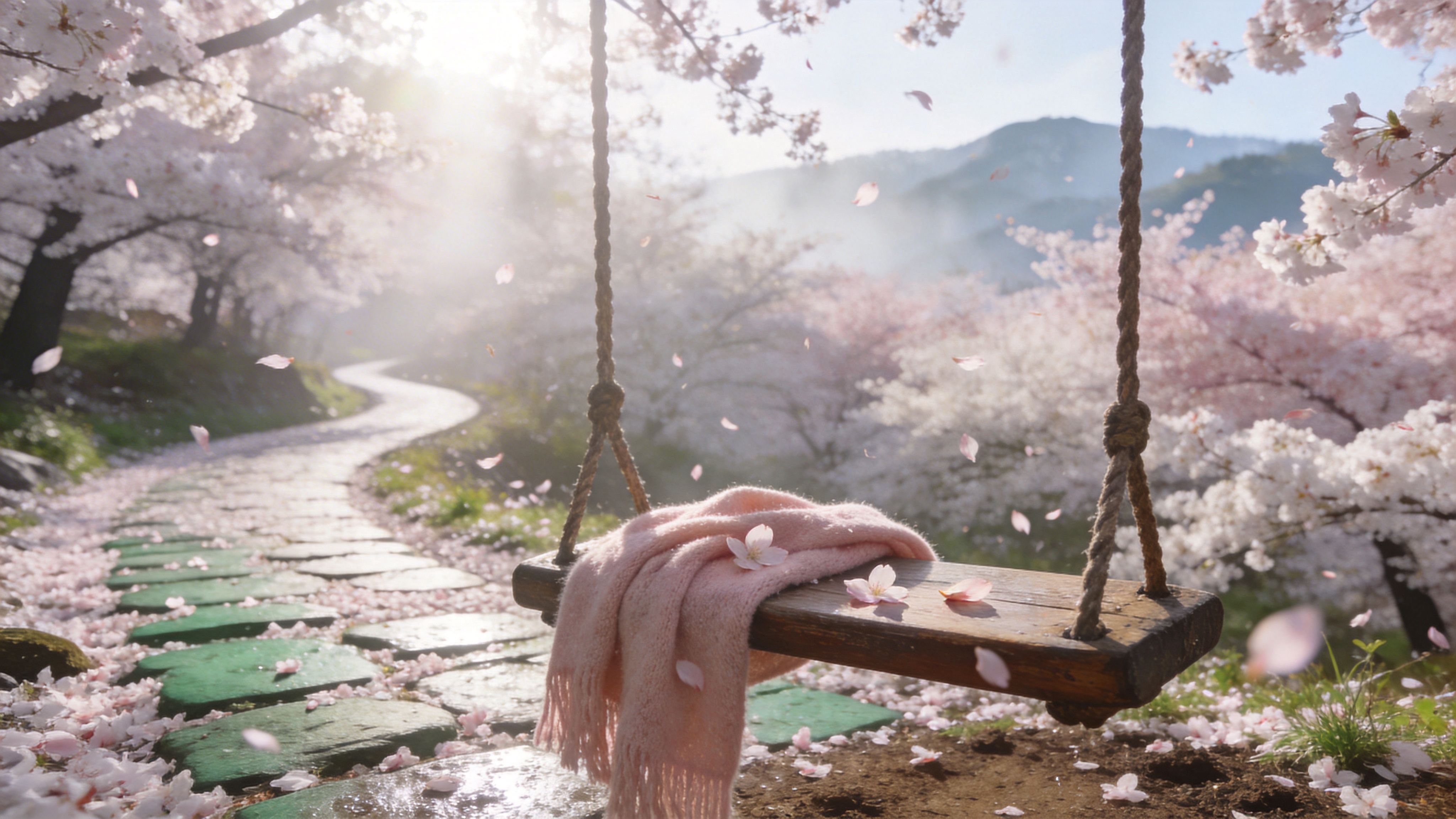2026年早春的清晨，阳光透过薄雾洒在一片盛开的樱花林中，粉白色的花瓣如雪般飘落，覆盖了蜿蜒的青石板小径。前景是一架复古的木质秋千，上面随意搭着一条淡粉色的羊绒围巾，几片花瓣正轻盈地落在围巾上。远处隐约可见连绵起伏的青山轮廓，空气中弥漫着湿润的泥土气息和淡淡的花香，画面定格在花瓣落下的那一瞬间，充满了生机与希望。

日系清新摄影风格，采用高调曝光，画面通透明亮。使用35mm焦段镜头，大光圈虚化背景，突出前景的秋千与围巾。色调以低饱和度的粉色、米白和嫩绿为主，强调柔和的自然光感，胶片颗粒质感，具有唯美的初恋氛围。