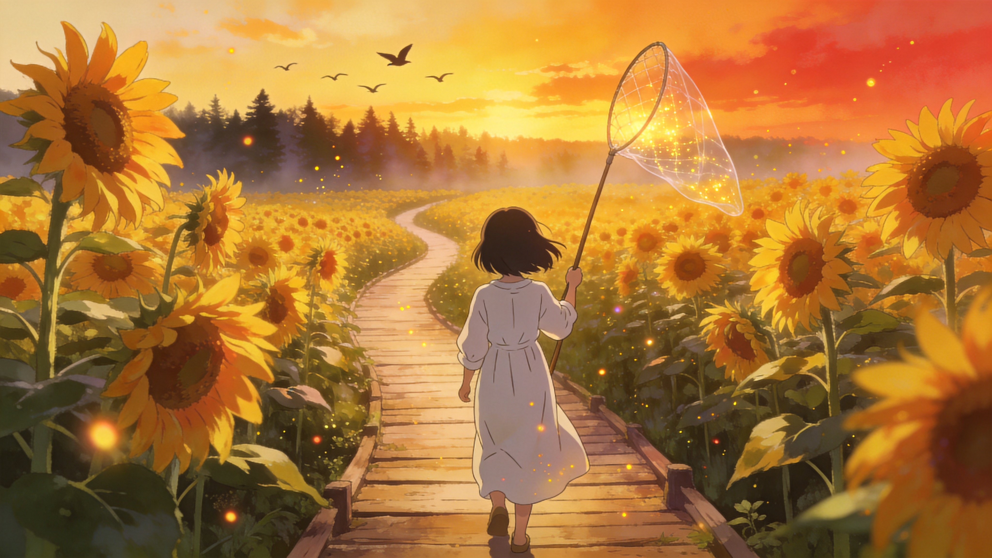 2026年8月下旬的夏末初秋，一片金黄色的向日葵花海在夕阳下热烈绽放。画面中心是一条蜿蜒的木质栈道，通向远方若隐若现的森林边缘。栈道上，一位穿着白色亚麻长裙的女孩背对镜头，手中举着一个透明的捕虫网，网中似乎捕捉到了金色的余晖。微风吹过，向日葵随风摇曳，空气中漂浮着发光的尘埃粒子，远处有几只归巢的飞鸟剪影，营造出一种怀旧而充满希望的夏日告别氛围。

宫崎骏吉卜力动画风格，高饱和度的暖色调，强调金黄与橙红的渐变。线条流畅柔和，具有手绘的质感。光影处理通透，强调空气感和景深，画面边缘带有微微的柔焦效果，像是一幅精美的动画电影截图。