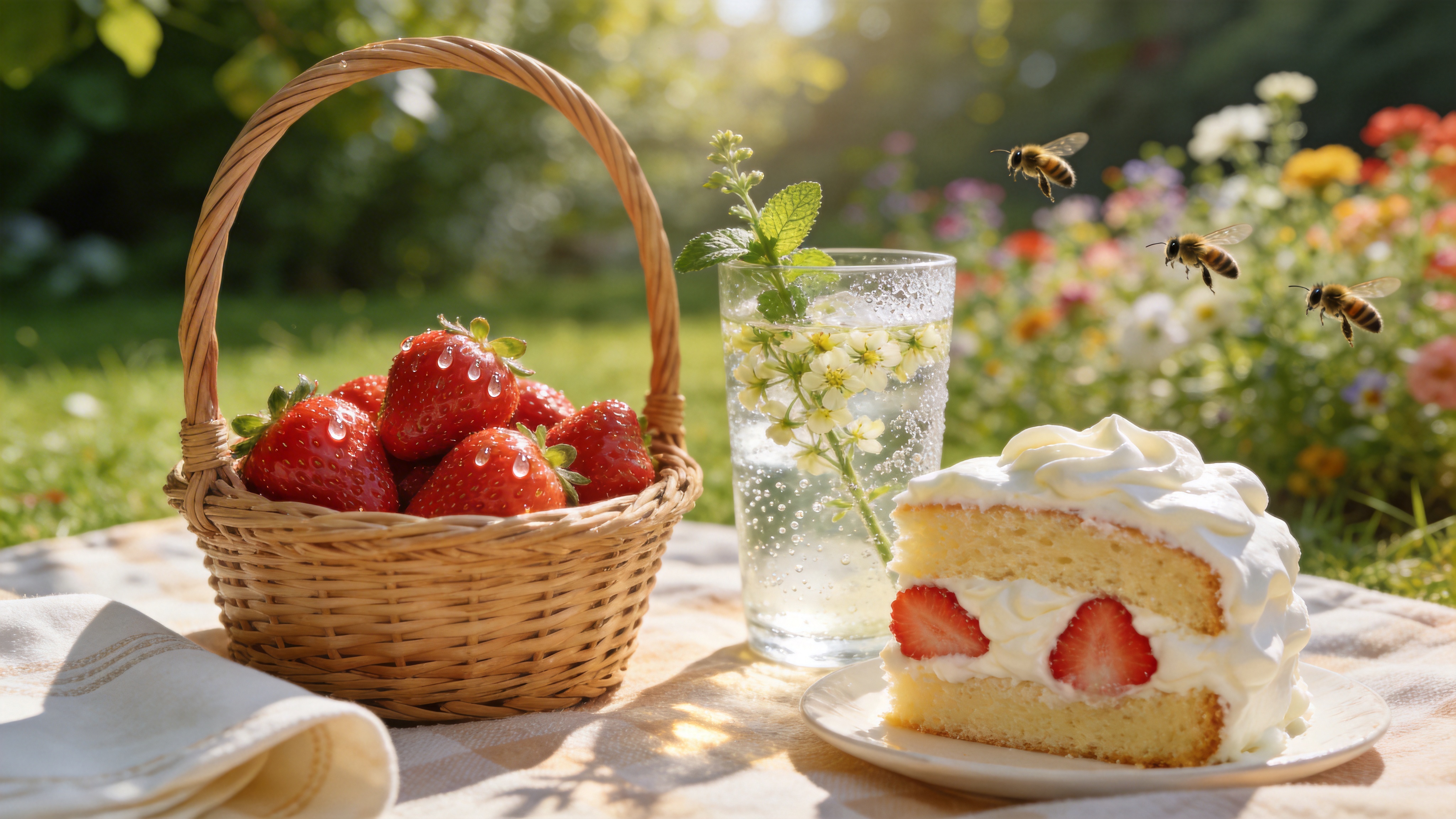 春天的午后，阳光透过斑驳的树叶洒在一个野餐垫上。画面特写展示着春季限定的美食：一个编织藤篮里装满了刚采摘的草莓，红润饱满，表面还挂着晶莹的水珠；旁边是一块切开的草莓奶油戚风蛋糕，奶油细腻如云朵，蛋糕体松软；还有一杯冒着气泡的接骨木花气泡水，杯壁上凝结着水雾，插着一支新鲜的薄荷枝。背景是虚化的绿色草地和远处盛开的花海，几只蜜蜂正在花丛中忙碌。微风吹过，轻轻吹动了餐巾的一角，营造出一种慵懒、惬意、甜蜜的野餐氛围。

美食摄影风格，追求极致的细节和诱人的质感。色调明亮清新，以暖白、鲜红、草绿为主，充满阳光感。采用自然光逆光拍摄，强调轮廓光和焦外散景（Bokeh）效果。景深极浅，主体清晰锐利，背景柔化奶油般。注重食物的纹理表现，如奶油的绵密、水果的光泽、气泡水的透亮，整体风格清新治愈，令人垂涎欲滴。