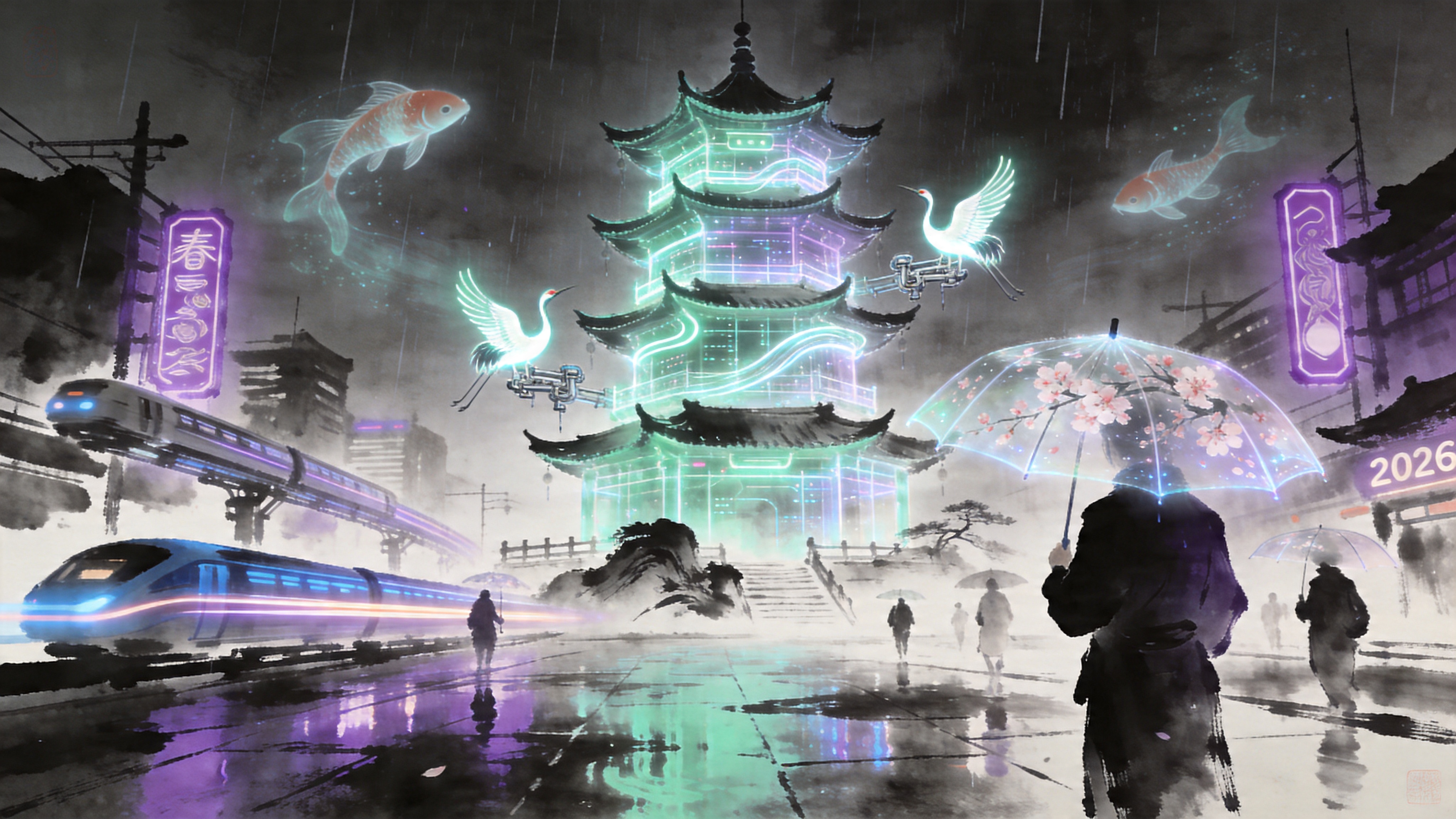 一座融合了未来科技与东方古典美学的概念建筑，矗立在 2026 年春日的霓虹都市中。建筑主体类似一座巨大的全息投影宝塔，塔身由流动的发光数据流和半透明的智能玻璃构成，每一层飞檐的翘角上都悬浮着发光的机械仙鹤。天空下着淅淅沥沥的春雨，雨水落在街道的积水中，倒映出蓝紫色的霓虹灯牌和巨大的全息锦鲤游过天际的幻影。街道上行人撑着透明的电子伞，伞面显示着动态的樱花图案，远处是一辆正在驶过的磁悬浮列车，拉出长长的流光。

赛博朋克与国风水墨的融合风格（Cyberpunk-Chinoiserie）。色彩以高饱和度的霓虹青、电光紫和深沉的水墨黑为主。光影对比强烈，强调湿漉漉地面的反光效果和全息投影的辉光。笔触在硬朗的机械结构中融入写意的水墨晕染，营造出一种冷峻、神秘且充满张力的未来东方意境。