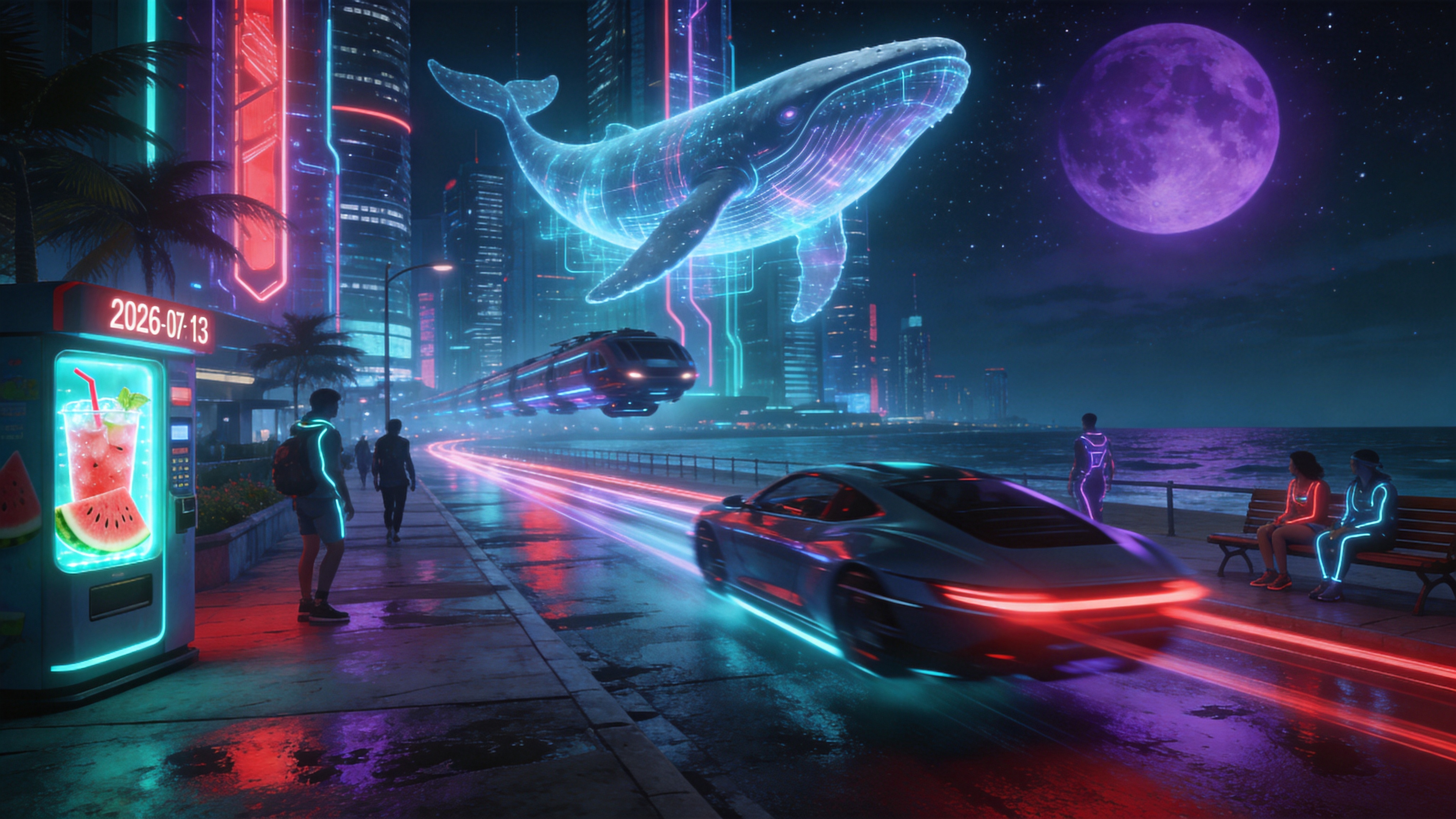 2026年7月13日的夜晚，一座未来主义的海滨城市。巨大的全息鲸鱼在充满霓虹灯饰的摩天大楼之间游弋，仿佛在空中飞翔。街道上行驶着流线型的悬浮磁悬浮车，车灯拉出长长的光轨。地面是潮湿的路面，反射着紫红色和青蓝色的赛博灯光。路边的自动售货机售卖着发光的冰镇西瓜汁，几个穿着发光机能风的行人正坐在路边的长椅上享受夏夜的凉风，远处是深邃的星空和一轮巨大的紫色月亮。

高精度赛博朋克概念艺术，3D渲染风格。强调强烈的冷暖对比色调（青色与洋红），光影效果极具戏剧性，体积光和辉光效果明显。画面锐利清晰，细节丰富，具有电影级的镜头感和科技压迫感。
