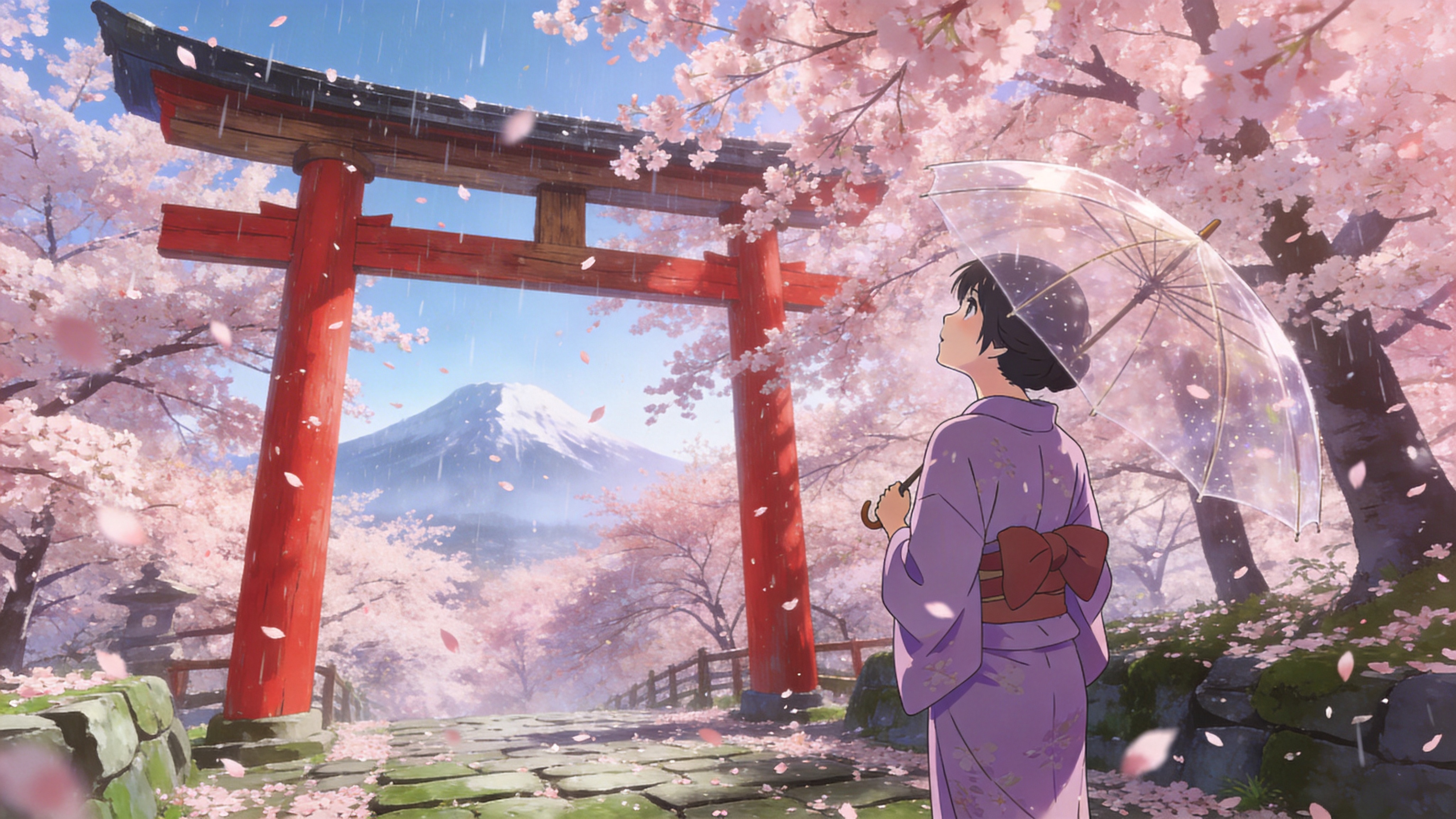 2026年3月中旬，一片盛开的樱花林，花瓣如粉色雪花般飘落，覆盖了古老的青石板路。画面中央是一座传统的日式木制鸟居，红色的柱子与粉色的樱花形成鲜明对比。一位身穿淡紫色和服的少女正背对镜头，手持一把透明的油纸伞，微微仰头看着漫天花雨，远处隐约可见朦胧的富士山剪影，空气中弥漫着春日的浪漫与静谧。

新海诚动漫风格，超高清画质，唯美的光影效果，强调环境光遮蔽（AO）和体积光。色彩以高饱和度的粉色、淡蓝和朱红为主，画面具有极强的通透感和层次感。背景细节丰富，采用焦外成像处理，营造出梦幻般的电影质感。