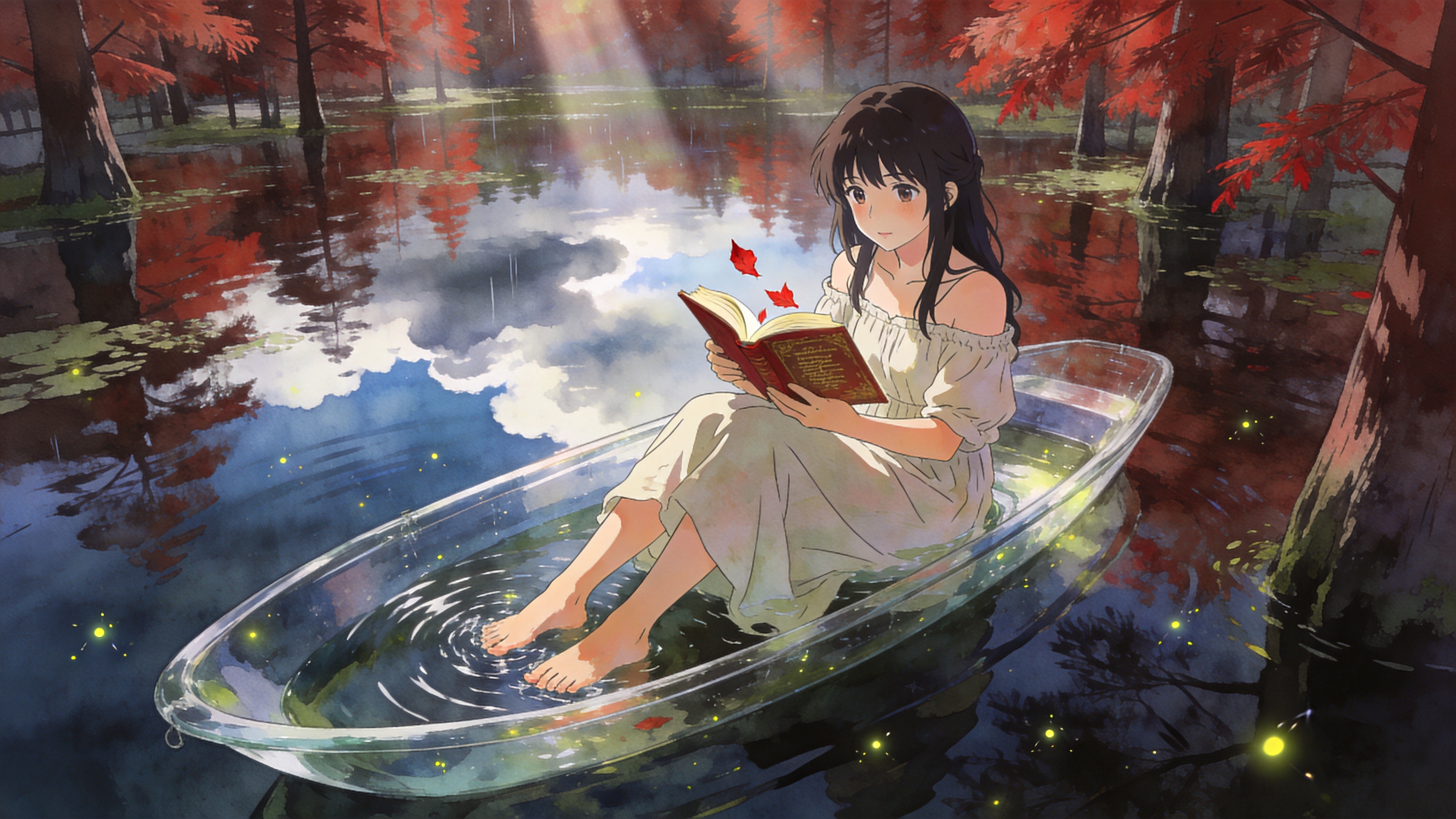 2026年8月夏末的午后，少女赤脚坐在一艘透明玻璃底的小舟上，漂浮在一片被落羽杉染成红褐色的静谧沼泽水面上。水面如镜，倒映着天空中的积雨云和透过树叶洒下的丁达尔光线。她身穿着轻盈的亚麻露肩长裙，裙摆随意地浸入微凉的水中，手里拿着一本半敞开的复古诗集，几片红色的落叶正缓缓飘落在书页上，周围伴随着细腻的水波纹和浮游的萤火虫，营造出一种时间静止的梦幻感。

吉卜力动漫风格，高饱和度但色彩清新柔和，手绘水彩质感，强调光影的斑驳效果，精细的背景环境绘制，具有治愈系和新海诚式的唯美镜头感，清晰度极高，光影渲染通透。