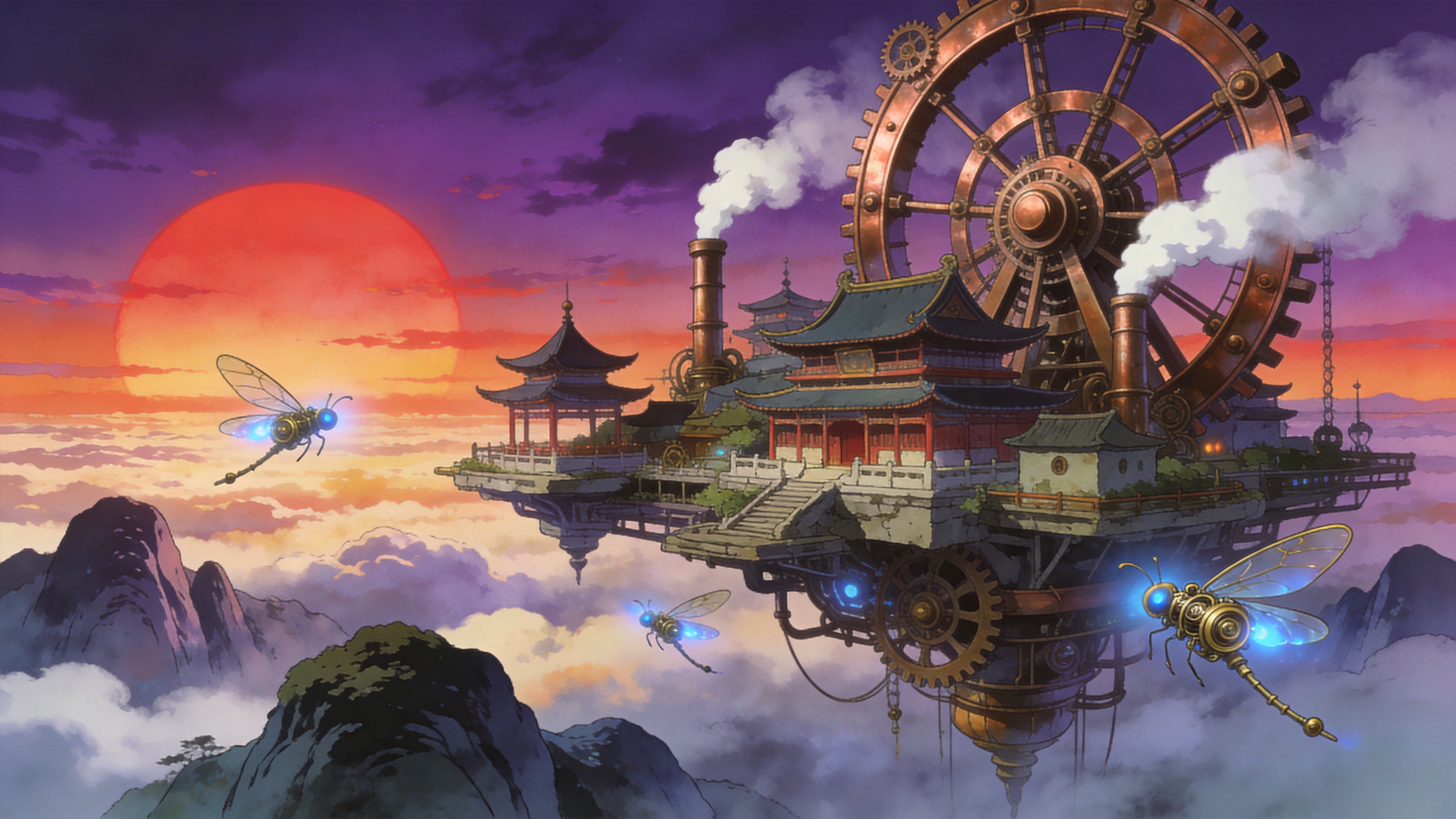 一个幻想世界的夏日黄昏，一座悬浮在半空中的古老建筑群，建筑结构融合了传统的东方亭台楼阁与巨大的蒸汽朋克机械装置。巨大的铜制齿轮在暮色中缓慢转动，喷出白色的蒸汽。几只机械发条蜻蜓带着微弱的蓝光在建筑周围盘旋。下方是云雾缭绕的山峰，远处一轮巨大的紫红色夕阳正在落下，将云海染成梦幻的渐变色。

吉卜力动漫风格与赛博朋克元素的结合，手绘质感，色彩丰富且充满层次感，光影柔和而富有戏剧性。线条流畅，细节丰富，带有一种怀旧的幻想气息，画面整体呈现出一种温暖而神秘的氛围。