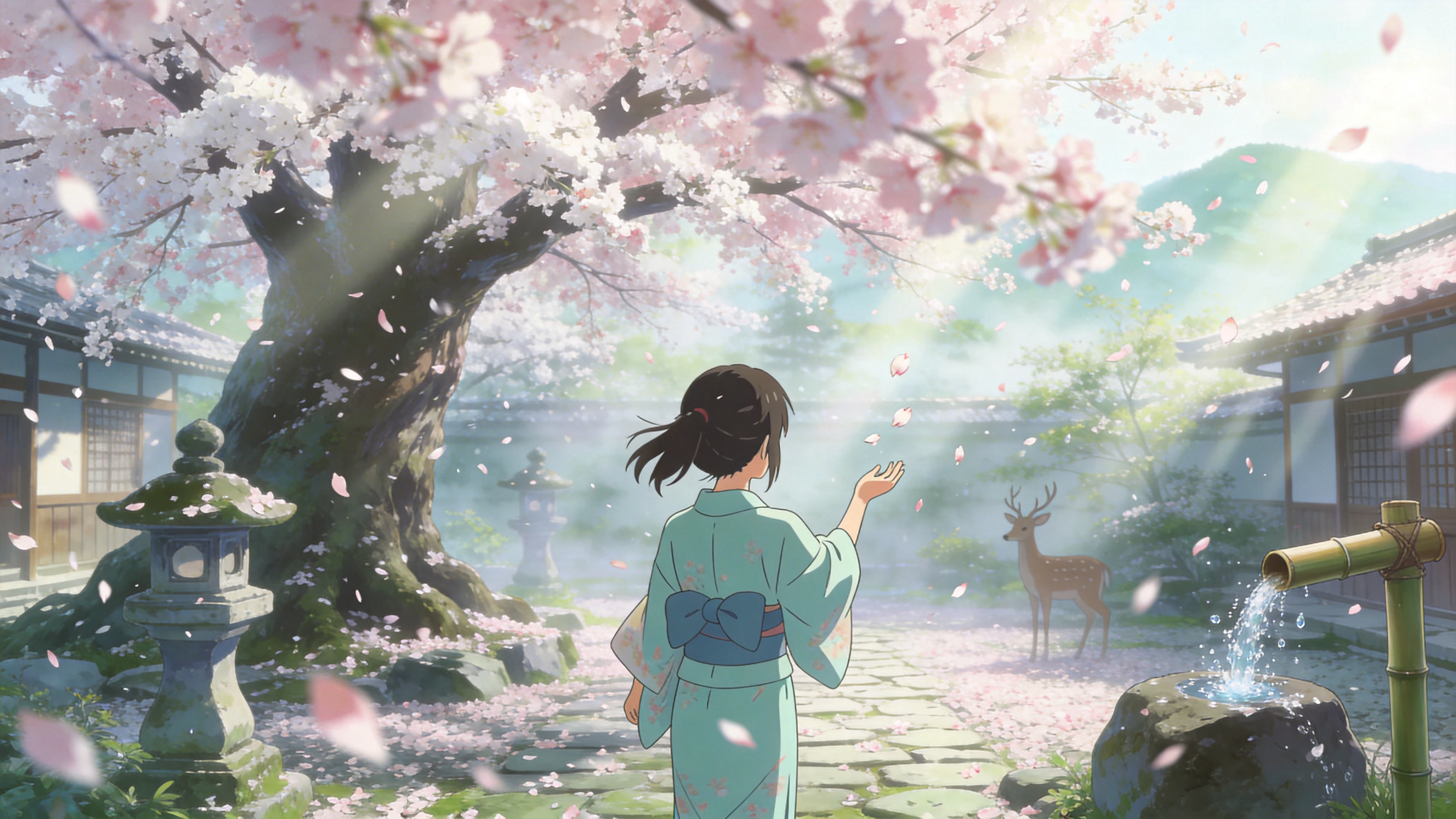 初春的清晨，一株巨大的古老樱花树盛开在静谧的日式庭院中，粉白色的花瓣如雪般飘落，覆盖了青石板路和旁边的石灯笼。画面中心是一位身穿淡青色和服的少女背影，她正伸出手去接空中飘落的花瓣，微风轻轻吹动她的发丝和衣袖。庭院的一角有一处惊鹿（添水），竹筒刚刚敲击在石头上，溅起一点点晶莹的水花。远处是若隐若现的朦胧山影，空气中弥漫着湿润的晨雾和清新的花香。

新海诚动漫风格，超高清8K分辨率，极其细腻的背景绘制，唯美的光影效果，清晨柔和的漫射光，空气透视感强，色彩清新通透，以粉白、淡青、浅绿为主色调，强调光斑和丁达尔效应，具有电影感的构图和景深。