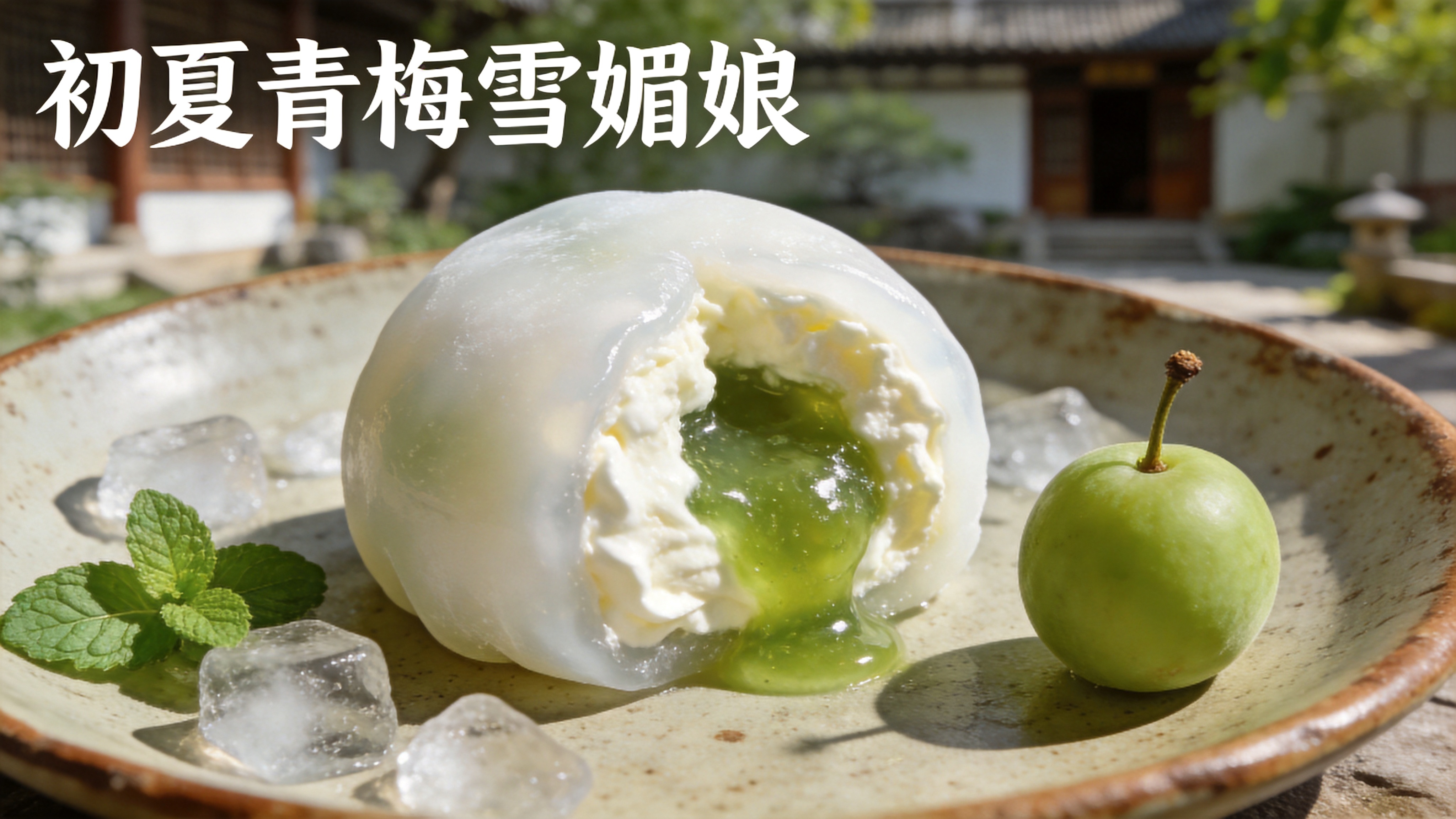 一张极具质感的特写美食摄影，展示了一道名为‘初夏青梅雪媚娘’的创意甜点。半透明的冰皮雪媚娘像白玉一样温润，轻轻咬开一口，露出里面绵密细腻的奶油和翠绿欲滴的青梅果酱流心。青梅上还保留着淡淡的果蒂，显得新鲜诱人。甜点放置在粗陶质感的盘子里，旁边散落着几颗冰块和一片薄荷叶，背景是虚化的初夏庭院一角，阳光从侧面打来，勾勒出食物柔美的轮廓和高光。

商业美食摄影风格，微距镜头，景深浅。光影采用经典的伦勃朗光，强调食物的色泽、质感和层次。画面色调温暖而高级，以奶油白、青梅绿和陶土色为主，追求极致的细节还原和食欲感，仿佛能闻到青梅的酸甜香气。