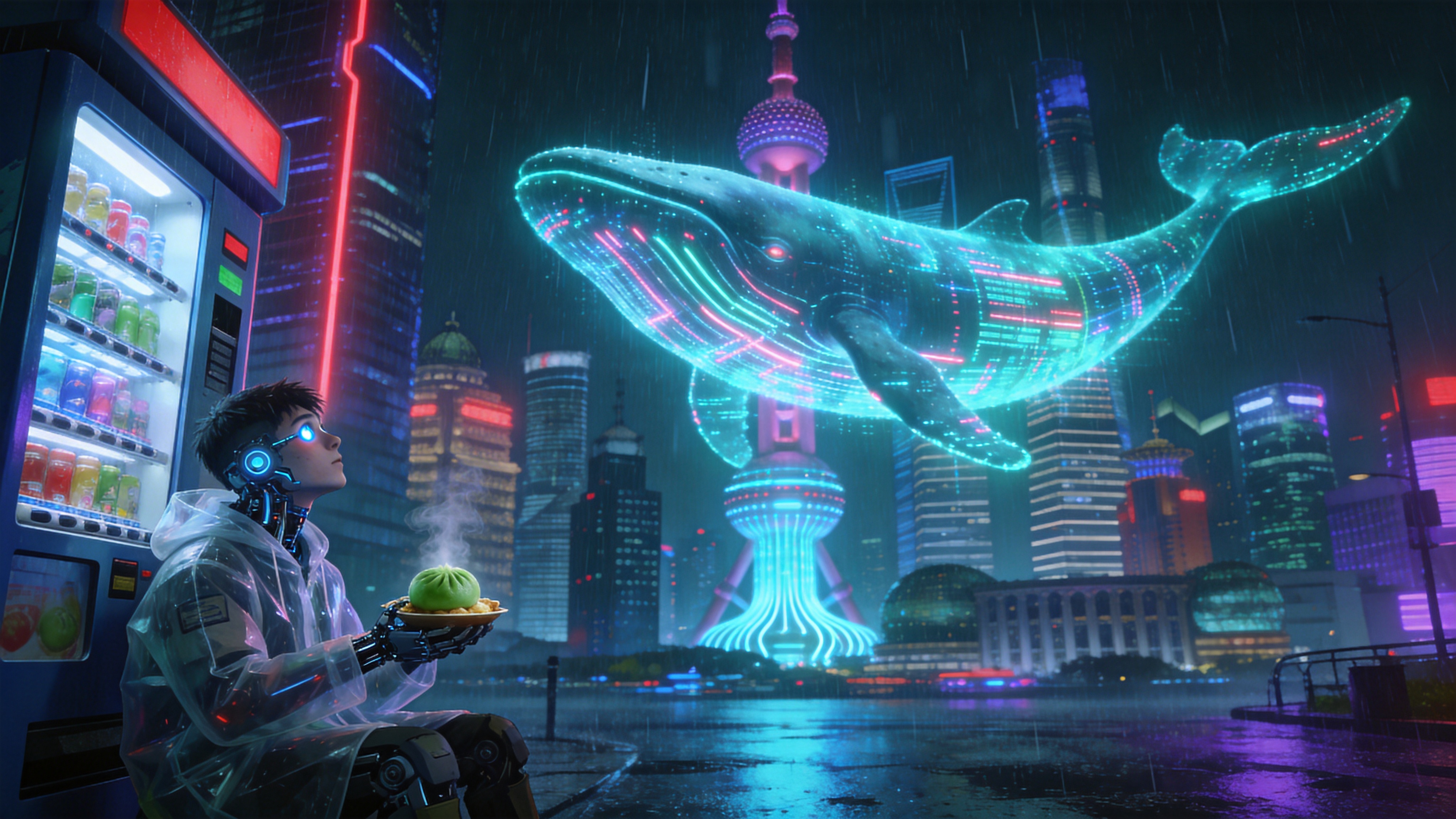 在2050年的新上海，外滩上空悬浮着一座巨大的全息鲸鱼，它是由无数发光的数据流和霓虹灯管构成的，正在高耸入云的赛博摩天大楼之间缓慢游动。今天是春日的一个雨夜，雨水落在湿漉漉的街道上反射着蓝紫色的霓虹光芒。前景是一个穿着透明雨衣的年轻机械师，他正坐在路边的自动售货机旁，手中拿着一个刚出炉的、冒着热气的青团（春季时令美食），机械义眼闪烁着微光，抬头仰望那条虚幻的鲸鱼，充满了对未来与传统的思考。背景中，东方明珠塔已经被改造为巨大的量子计算中心，发出脉冲式的光波。

赛博朋克概念艺术，高对比度，强烈的冷暖色调撞色（青色与洋红），雨夜质感，虚幻引擎5渲染，光线追踪技术，具有科技感的噪点纹理，电影构图，充满未来主义与孤独感的视觉冲击。