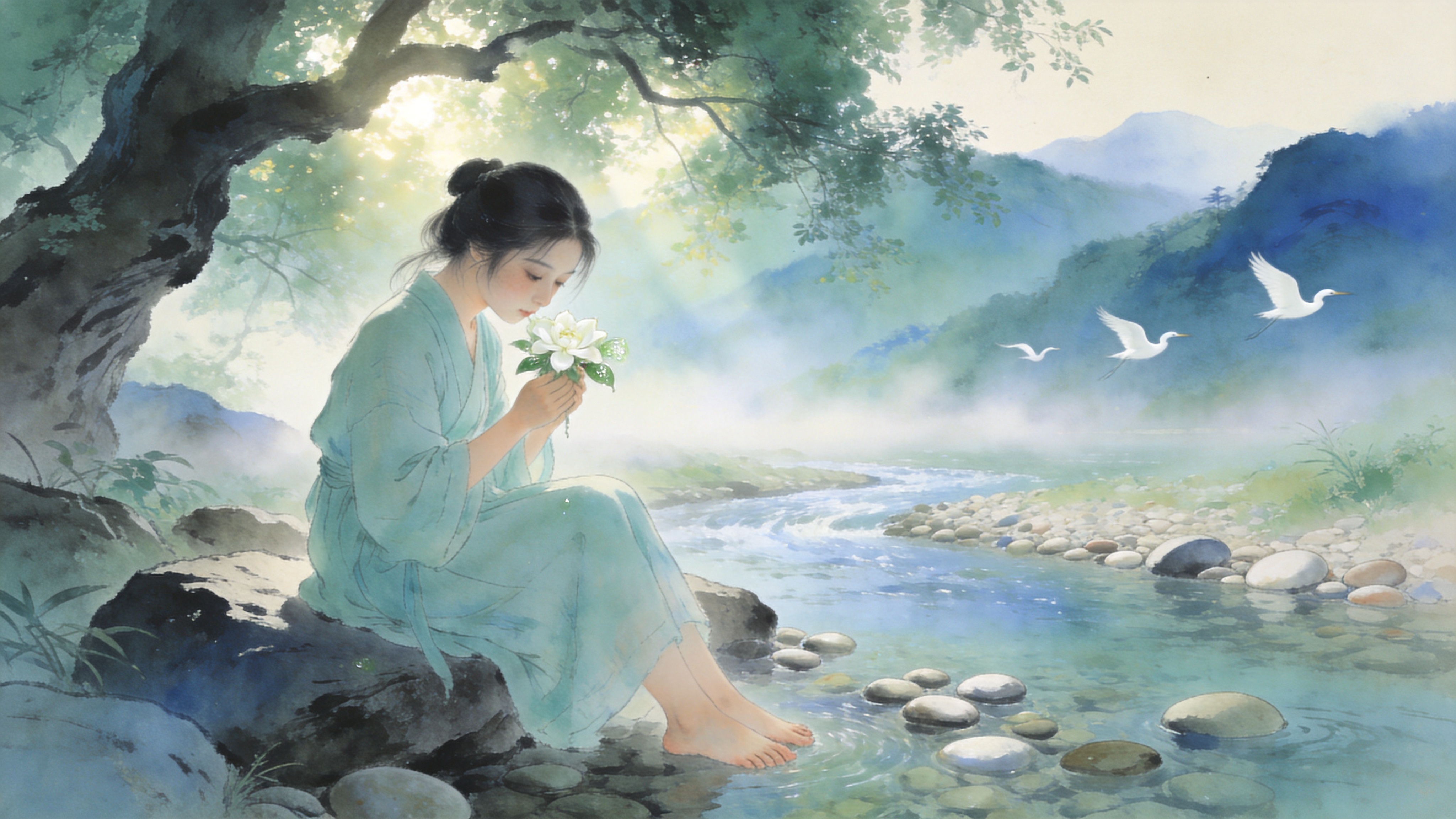 2026年初夏的清晨，阳光透过茂密的古树洒下斑驳的光影。一条清澈见底的山间溪流蜿蜒流过，溪水中散落着几颗圆润的鹅卵石。画面主体是一位穿着淡青色棉麻汉服的少女，正赤脚坐在溪边的岩石上，手中捧着一束刚采摘的带露水的栀子花，低垂眼帘轻嗅花香。远处是若隐若现的黛色山峦，空气中弥漫着薄雾，几只白鹭正掠过水面飞向远方，营造出一种'绿树阴浓夏日长'的静谧诗意。

新中式国风水墨风格，结合工笔画的细腻与水墨画的写意。色调以清新的青绿色为主，搭配淡雅的米白和靛蓝。光影处理柔和通透，强调空气感。笔触细腻流畅，注重人物发丝和衣褶的细节，背景山水采用虚化处理，具有电影级的景深效果，整体呈现出一种唯美、治愈、古雅的视觉质感。