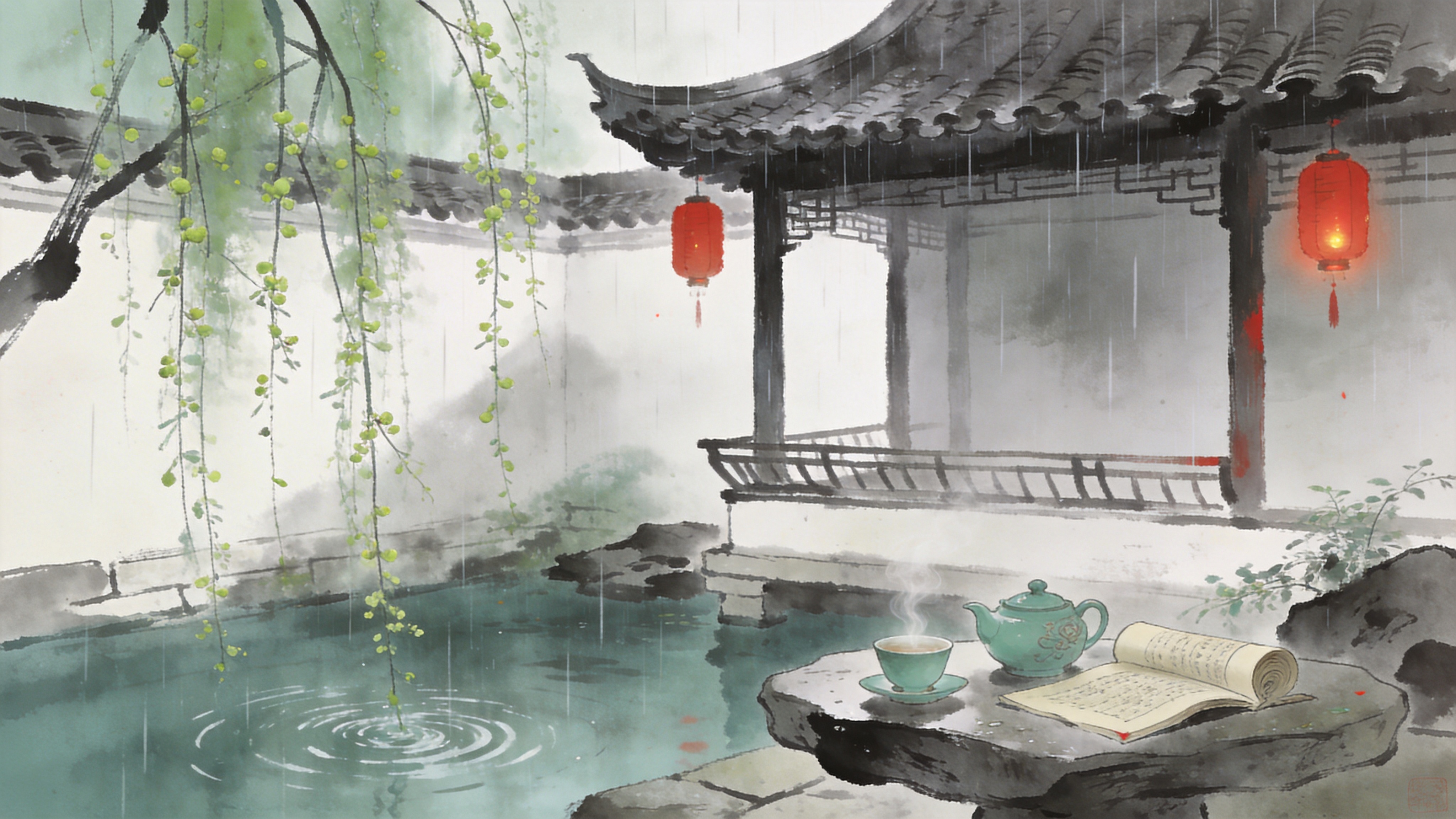 一座古老的江南水乡庭院，正值清明时节，细雨蒙蒙。画面主体是一座灰瓦白墙的凉亭，屋檐下挂着一盏未点燃的红灯笼。庭院一角，一株垂柳抽出嫩绿的新芽，柳枝随风轻拂水面，激起层层涟漪。石桌上摆放着一套精致的青瓷茶具，茶杯里冒着袅袅热气，旁边放着一卷展开的古书。雨丝在画面中清晰可见，形成一种独特的帘幕感，整个场景静谧而富有诗意，充满了东方的禅意。

新中式水墨插画风格，结合了传统水墨的晕染技法与现代数字绘画的精细度。色彩以黛青、灰白、赭石为主，点缀少量朱红。笔触苍劲有力与柔美流畅并存，注重留白的艺术。光影处理采用传统的阴阳向背，营造出一种湿润、朦胧、雅致的视觉体验，仿佛一幅流动的春雨图。