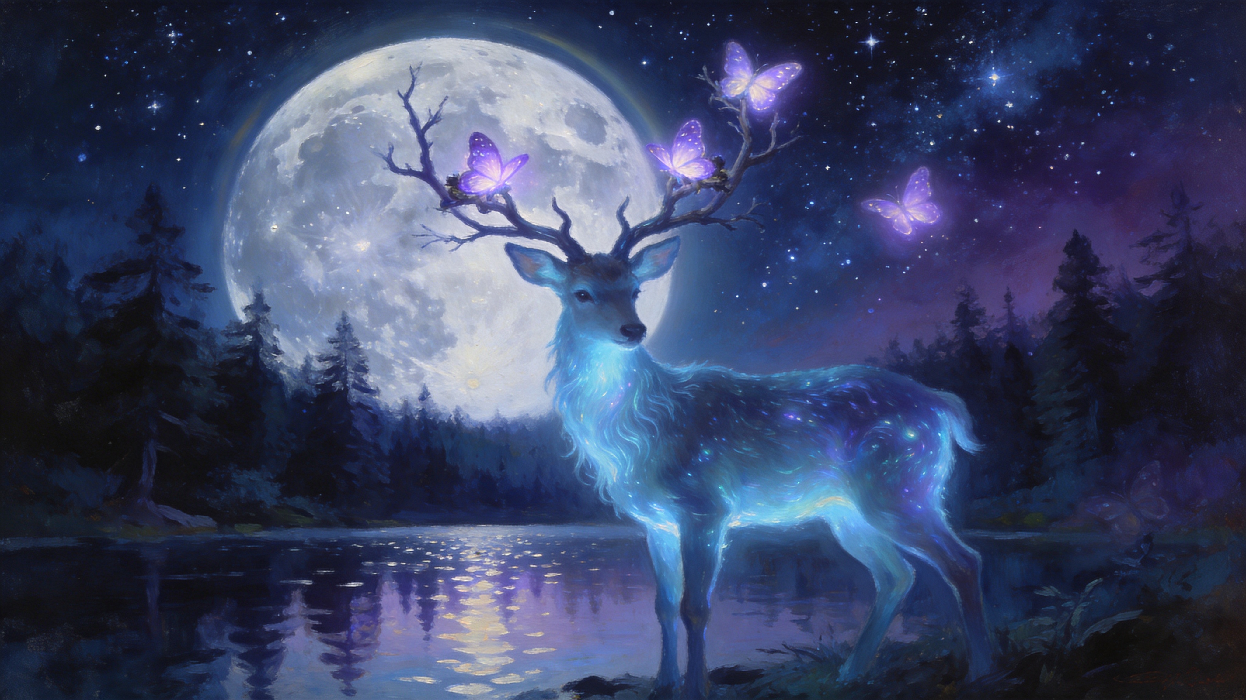 夜晚的森林深处，一只发着幽蓝色荧光的雄鹿站在湖边，它的鹿角像树枝一样分叉，上面栖息着几只发光的蝴蝶，湖面倒映着漫天的繁星和巨大的满月，静谧而神圣。

魔幻现实主义，超现实主义绘画风格，冷色调，生物发光效果，梦幻氛围，精细的毛发细节，油画笔触，像梦境一样的画面。