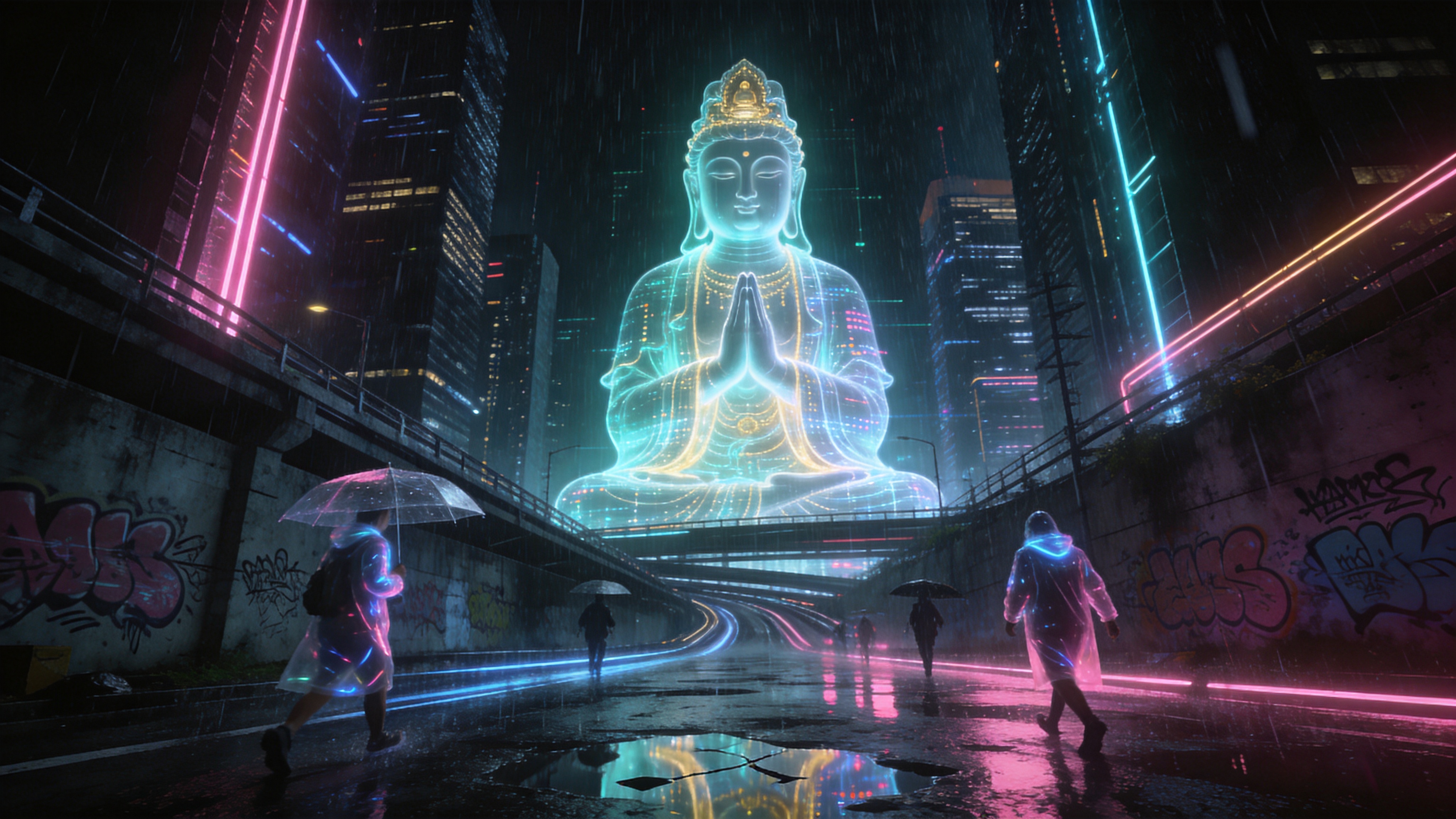 这是一个位于赛博朋克城市的雨夜场景，时间定格在夏末的一场暴雨中。画面主体是一座全息投影的巨型数字观音像，半透明的佛身悬浮在拥挤的霓虹摩天大楼之间，散发着柔和的青色与金色光芒。佛像的双手合十，仿佛在为这座混乱的城市祈祷。雨水密集地落下，打湿了下方纵横交错的飞车道和满布涂鸦的混凝土墙壁。街道上，身穿发光雨衣的路人撑着透明伞匆匆走过，五颜六色的霓虹灯光（粉色、电光蓝）反射在湿漉漉的地面和积水坑中，形成破碎而迷离的倒影。空气中弥漫着潮湿的水汽和电子设备的过热气息。

赛博朋克概念艺术，黑暗、压抑却又充满迷幻色彩的视觉风格。强调高对比度的明暗对照法，典型的黑底色搭配高饱和度的霓虹荧光色。纹理强调金属的冷硬、全息影像的噪点以及雨水的流动感。视角采用广角仰视，突出佛像的庄严与城市的压迫感，电影级构图，渲染质量极高。