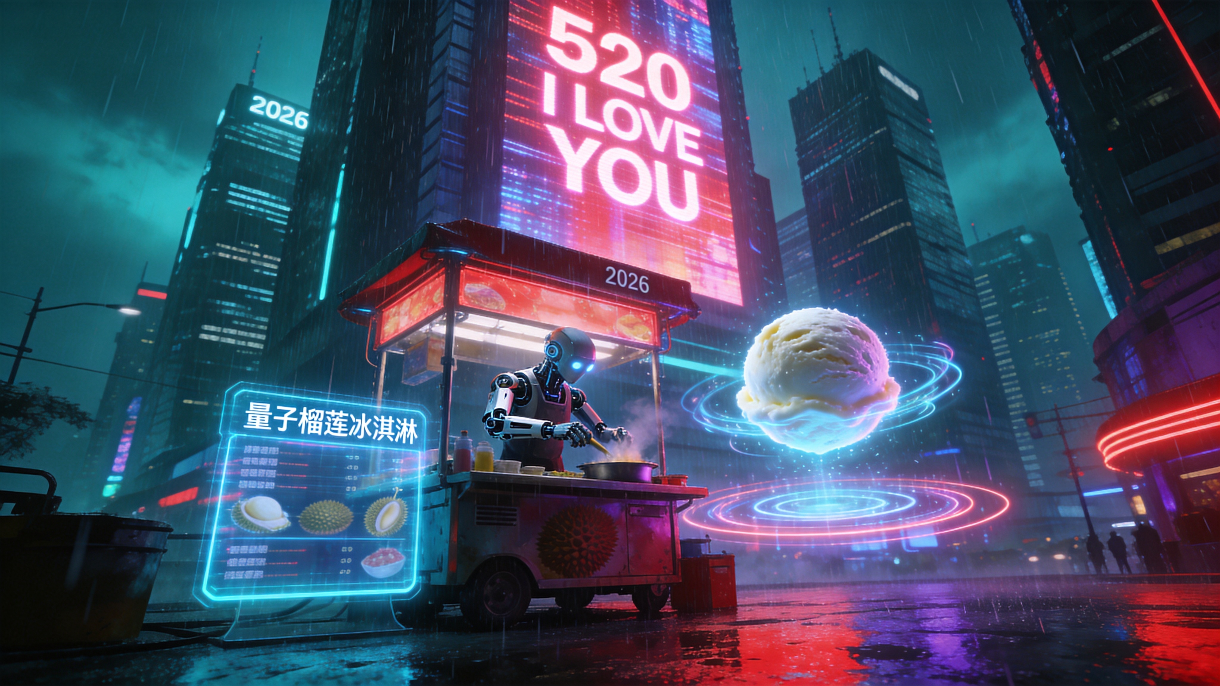 一个充满未来感的赛博朋克美食摊位，矗立在 2026 年雨夜的新加坡街头。摊主是一个机械改造过的机器人，正在制作全息投影菜单上的‘量子榴莲冰淇淋’。冰淇淋球悬浮在半空中，周围环绕着流动的霓虹光圈。背景是高耸入云的摩天大楼，巨大的全息广告牌上闪烁着‘520 I LOVE YOU’的字样，雨水打湿了地面，反射着红蓝紫色的霓虹灯光，营造出一种热闹、科技感十足的夜市烟火气。

赛博朋克概念艺术，3D 渲染风格。强烈的冷暖对比色调，以青色和洋红色为主，辅以霓虹灯光效果。强调金属质感、玻璃反光和雨水的湿润感。视角为低角度仰视，突出建筑的压迫感和科技感，光影锐利，细节丰富，具有电影级的视觉冲击力。