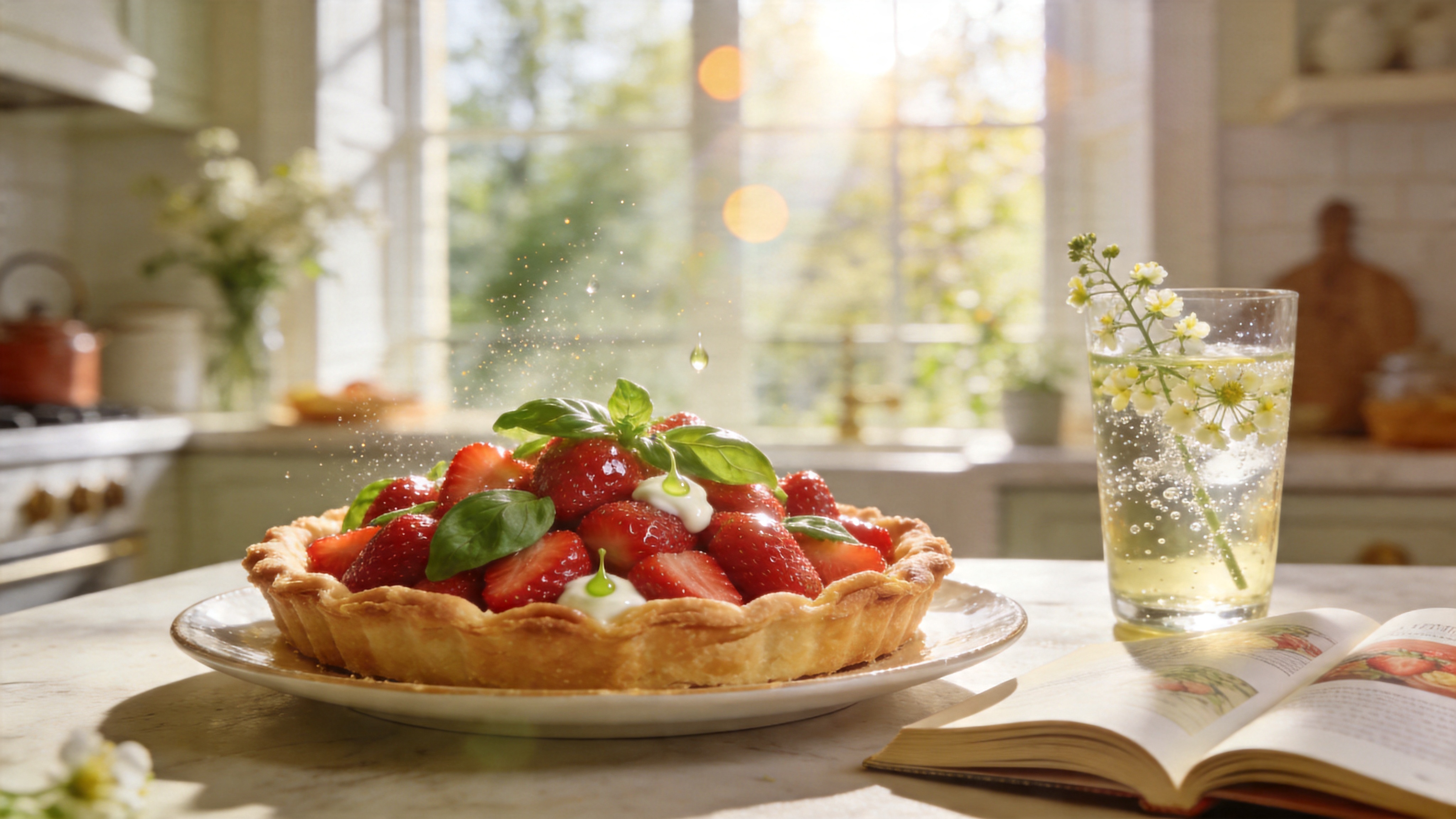 2026年4月21日的一个静谧午后，阳光透过巨大的落地窗洒进一间充满生活气息的法式厨房。画面特写是一盘刚出炉的春季限定草莓罗勒塔，酥脆的塔皮上堆满了鲜红欲滴透着光泽的有机草莓，点缀着翠嫩的新鲜罗勒叶和几滴晶莹的香草凝乳。旁边放着一杯还在冒着气泡的接骨木花气泡水和一本翻开的食谱。空气中仿佛能闻到甜美的香气，阳光在画面中形成了温暖的光斑，尘埃在光束中飞舞，捕捉到了春末夏初那份慵懒而甜蜜的幸福感。

高端美食摄影风格，类似于Instagram美食博主和《Bon Appétit》杂志的大片。使用85mm f/1.8大光圈镜头拍摄，拥有极浅的景深和奶油般的背景虚化。色调明亮温暖，带有日系胶片的低对比度感和轻微的颗粒质感。光影采用自然侧逆光，强调食物的纹理、汁水的反光和新鲜感，整体给人一种治愈、清新且高级的视觉享受。