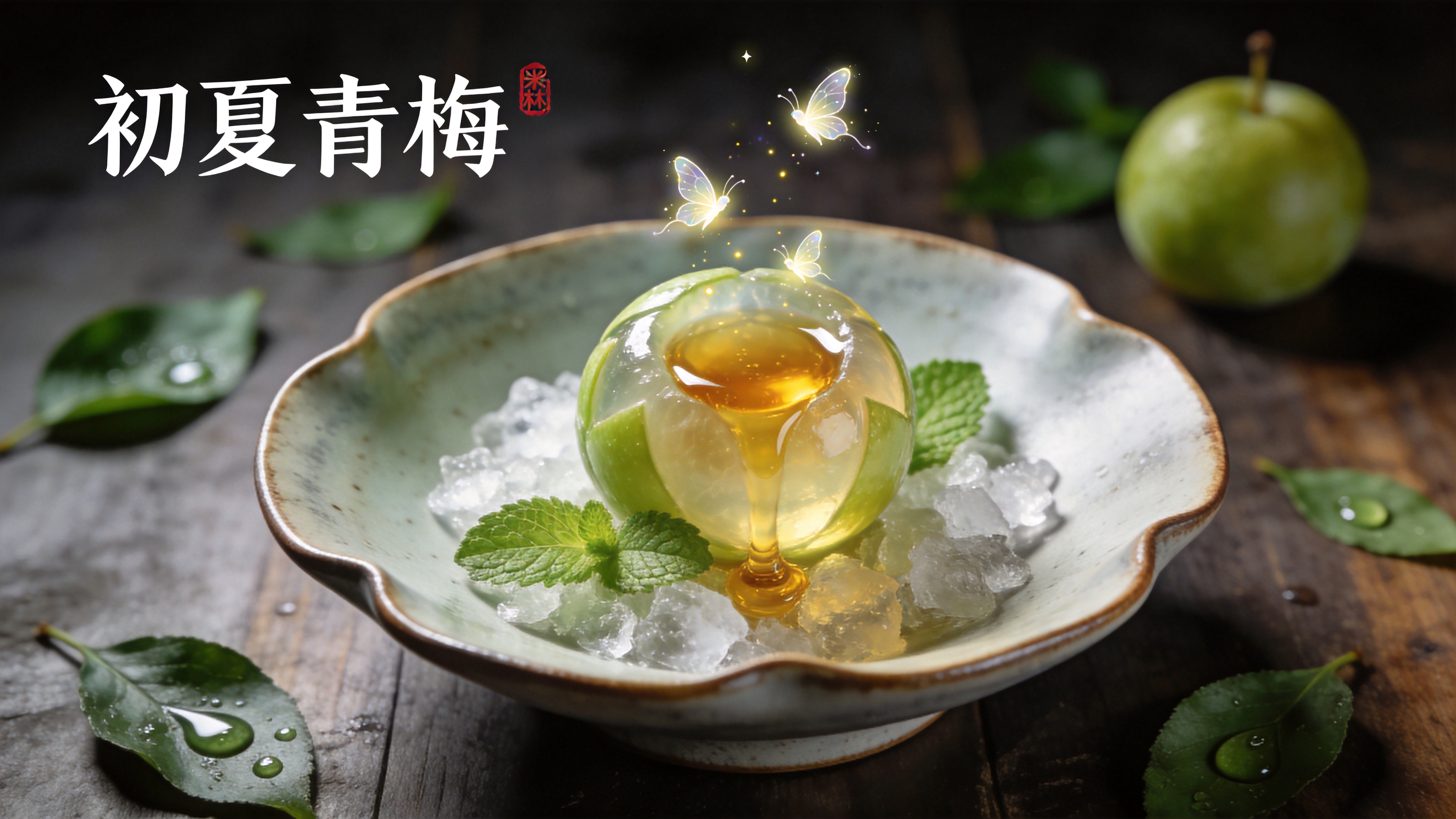 一张极具创意的俯视视角美食特写。画面中心是一个精致的陶瓷盘，盘中盛放着名为‘初夏青梅’的甜点。青梅果肉被雕刻成半透明的球体，内部包裹着流动的金色蜂蜜，周围环绕着碎冰和薄荷叶。最引人注目的是，青梅上方漂浮着几颗真实的、带有微小翅膀的精灵光点，仿佛魔法正在施展。背景是虚化的木质餐桌，散落着几颗刚采摘的带露青梅叶，光影呈现出一种高级的灰调暖色，显得既高级又诱人。

高端商业美食摄影，微距镜头，景深极浅，主光照亮主体配合轮廓光，8k分辨率，画质锐利，色彩自然真实，带有微微的暗调情绪美学，像是一幅米其林餐厅的宣传海报。