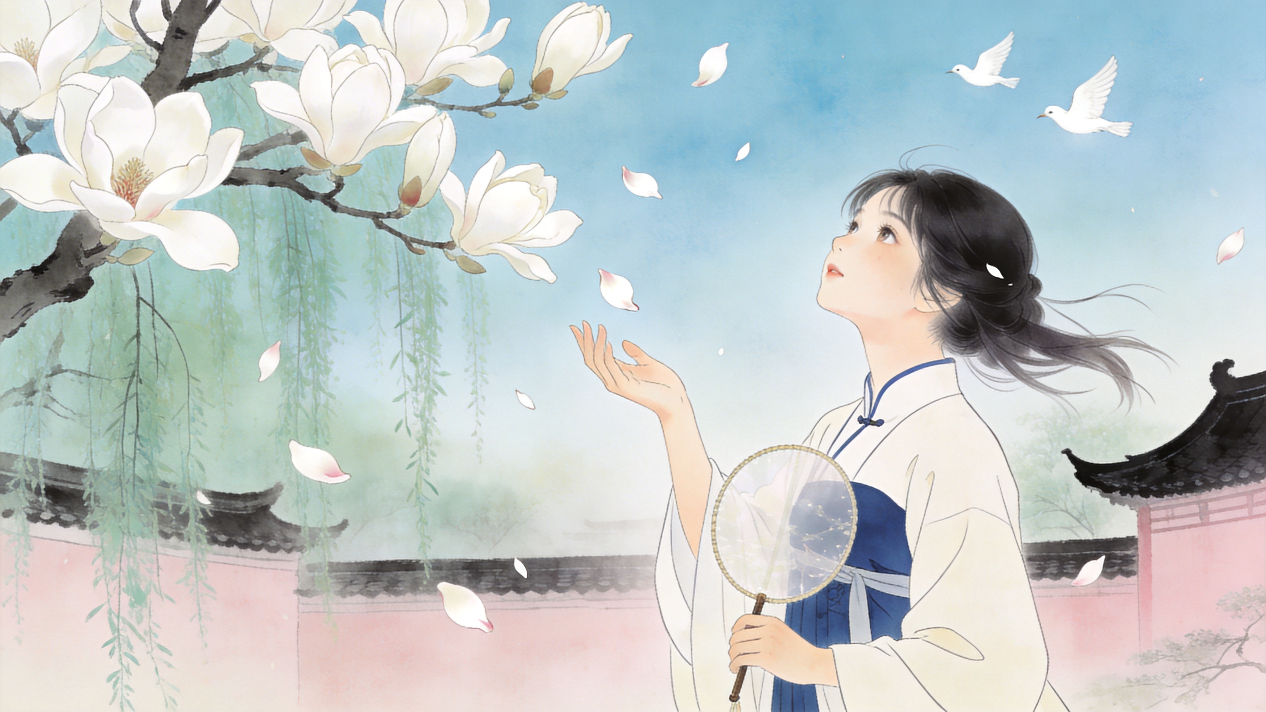 初春的清晨，一位穿着现代改良汉服的少女站在盛开的白玉兰树下，她仰头看着从枝头飘落的花瓣。背景是朦胧的江南园林，粉墙黛瓦，柳丝轻拂。少女的发丝随风微动，手中轻握一把半透明的团扇，几只白鸽正掠过淡蓝色的天空，空气中弥漫着湿润的泥土和花香气息，画面定格在花瓣即将落在她指尖的瞬间。

新中式插画风格，融合工笔画的细腻线条与日系插画的清新色调。色彩以淡青、米白、黛蓝为主，高明度低对比度。纸张纹理质感，柔光效果，线条流畅优雅，具有梦幻般的唯美意境，构图留白，充满东方雅致韵味。