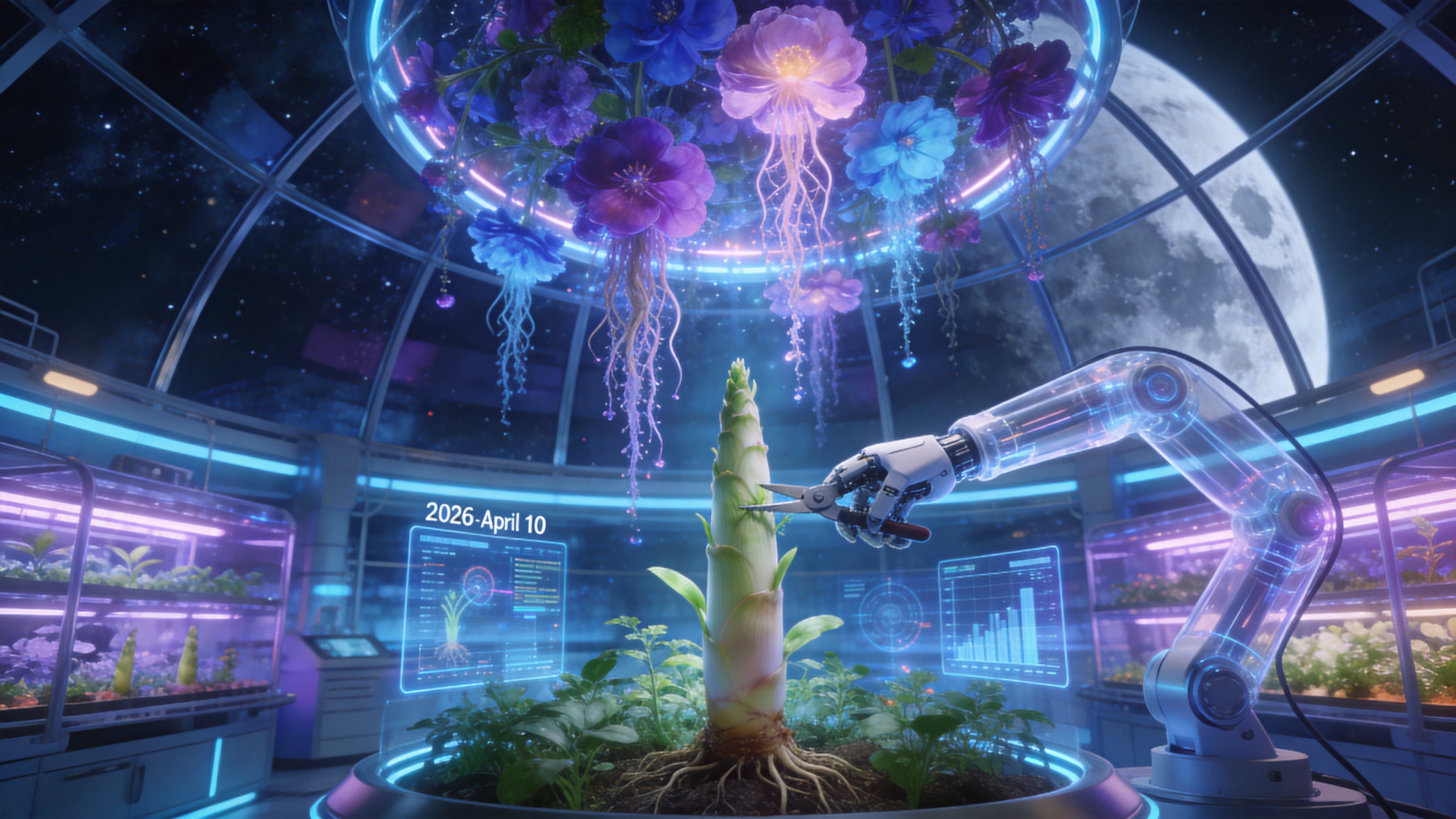 一个充满未来感的垂直农场实验室，时间是2026年4月10日的深夜。巨大的透明玻璃穹顶下，生长着发光的基因改良植物，巨大的紫色和蓝色花朵在空中悬浮，根系如瀑布般垂下。画面主体是一个半透明的机械仿生手臂，正小心翼翼地为一株嫩嫩的春笋进行修剪，周围环绕着全息数据投影界面。背景是深邃的星空和巨大的月球特写，室内充满了冷色调的霓虹灯光和科技蓝，营造出一种神秘而充满希望的生命科技感。

赛博朋克概念艺术，3D渲染质感，Octane渲染，极高的细节密度，冷暖色调对比（科技蓝与霓虹紫），体积光，光影锐利，科幻电影海报风格，极具视觉冲击力。